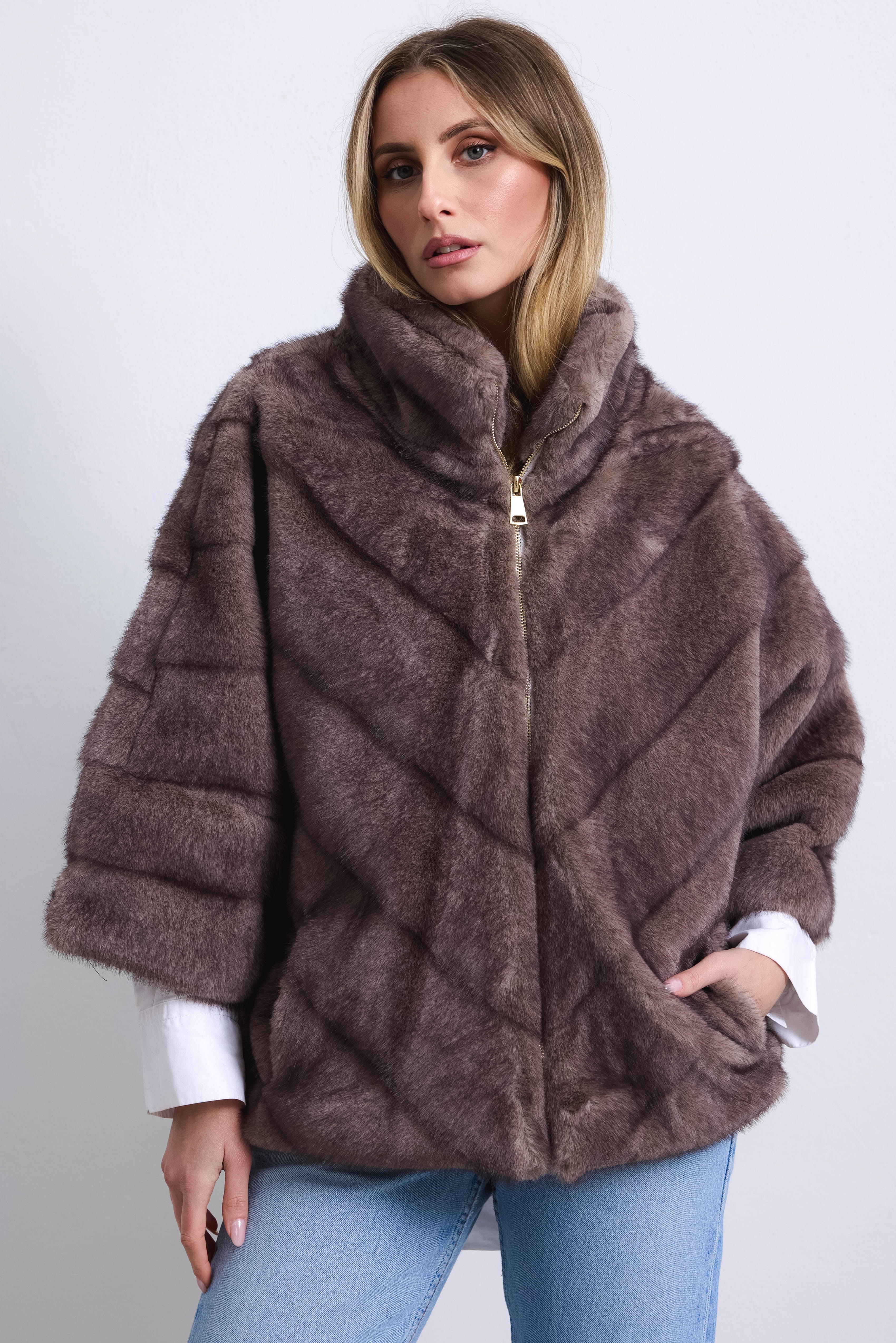 ANTARTIDE - Kimono pelo liscio ecopelliccia (Taupe) - Image 4