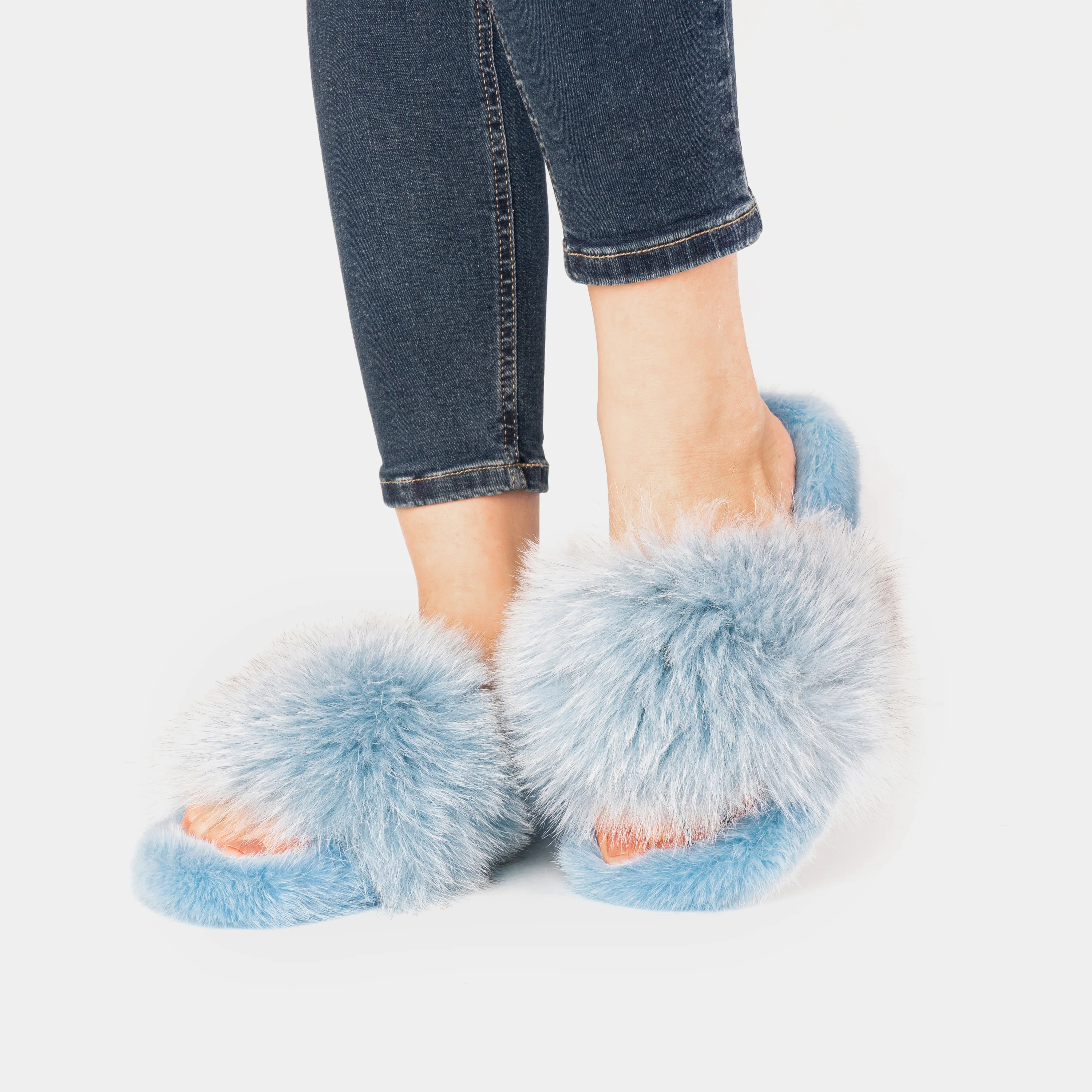 ASPEN - Slipper con fascia in volpe e bordatura in visone (Celeste) - Image 5