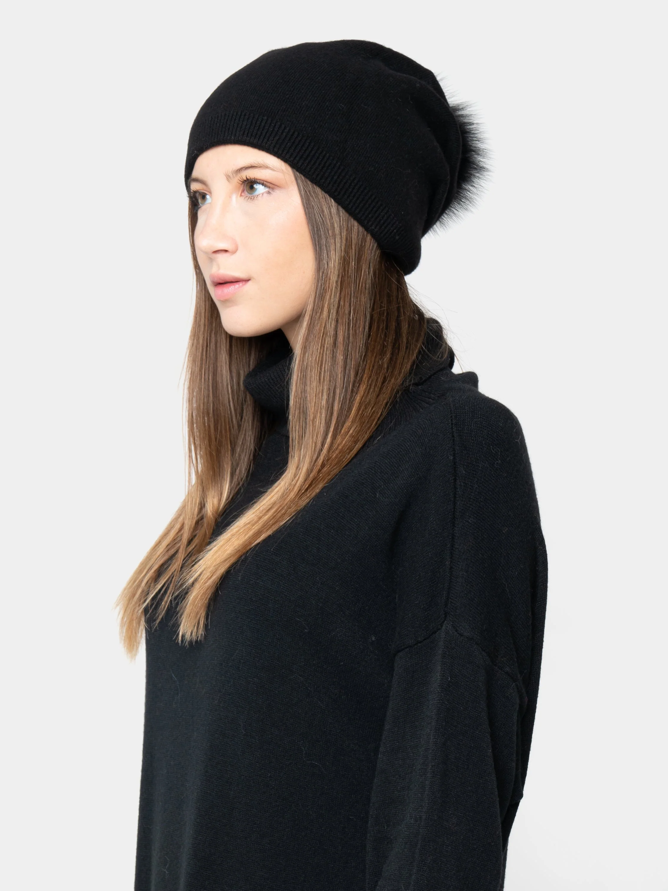 BUDAPEST - Cappello misto cashmere con pompon in volpe (Nero) - Image 3