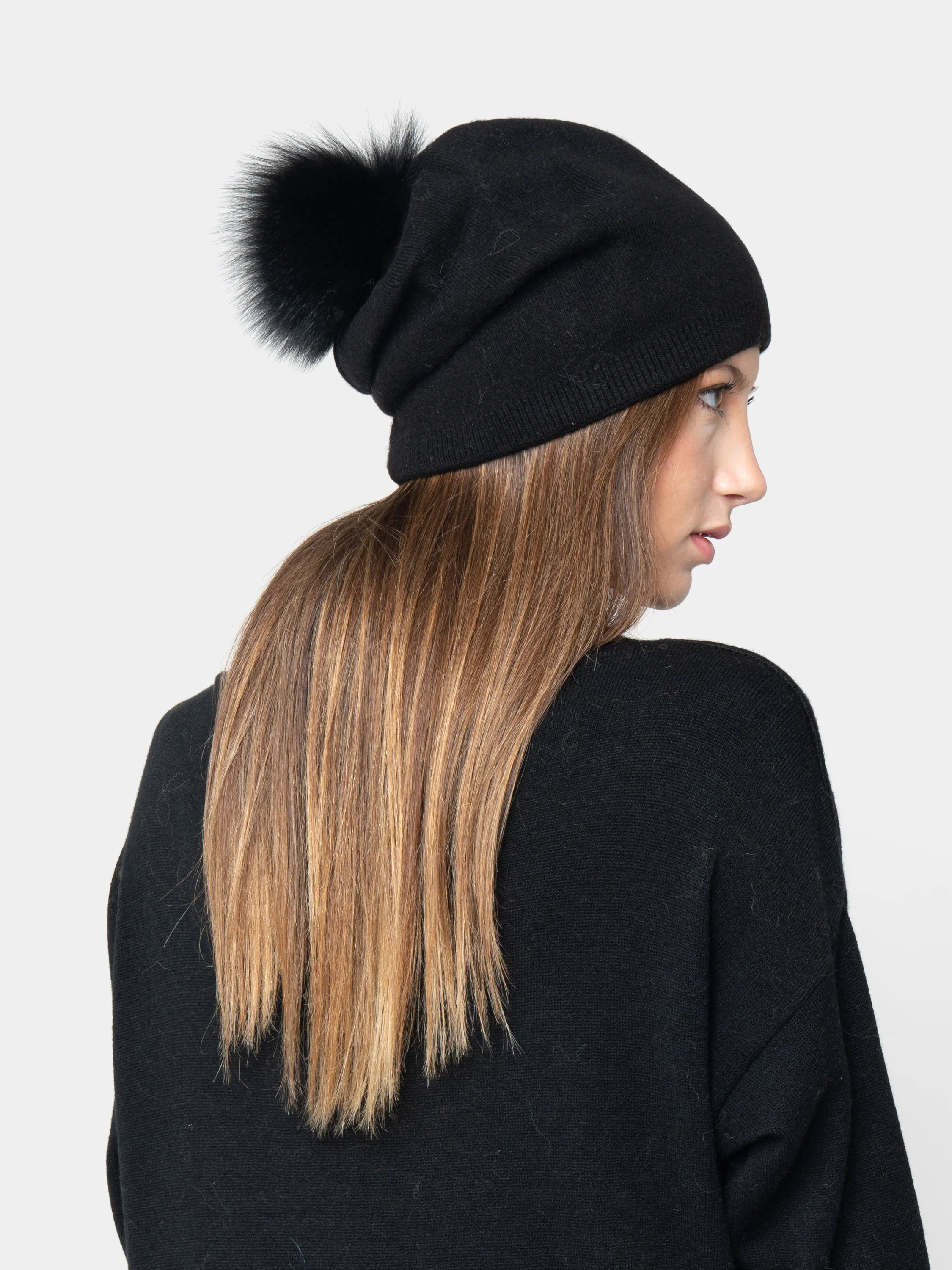 BUDAPEST - Cappello misto cashmere con pompon in volpe (Nero) - Image 4