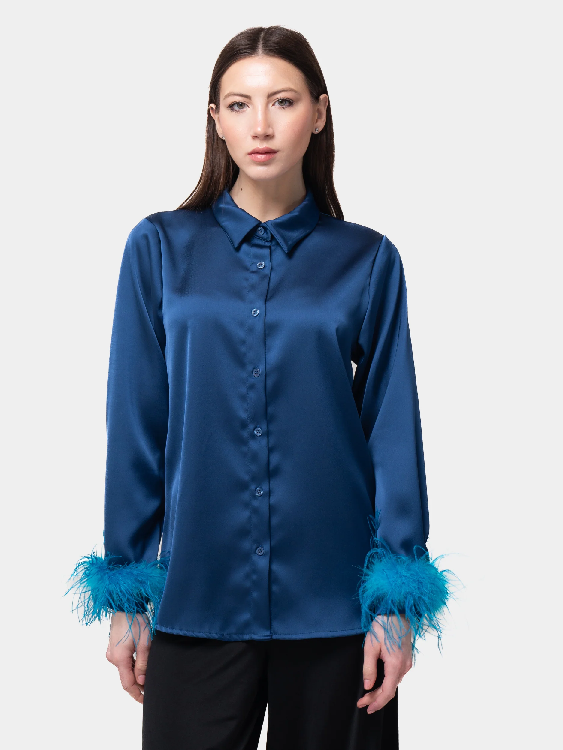 VERONA - Camicia con bordatura su polsi in marabù (Blu) - Image 5
