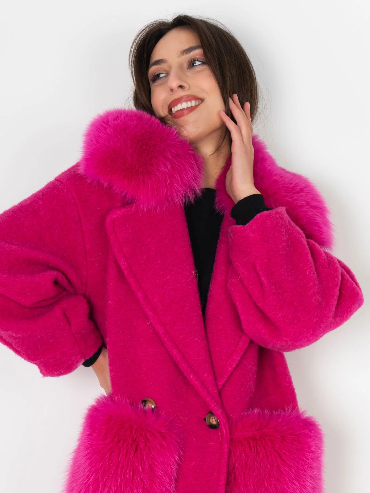 STOCCOLMA - Cappotto con tasche e bordatura collo in volpe (Fucsia) - Image 3