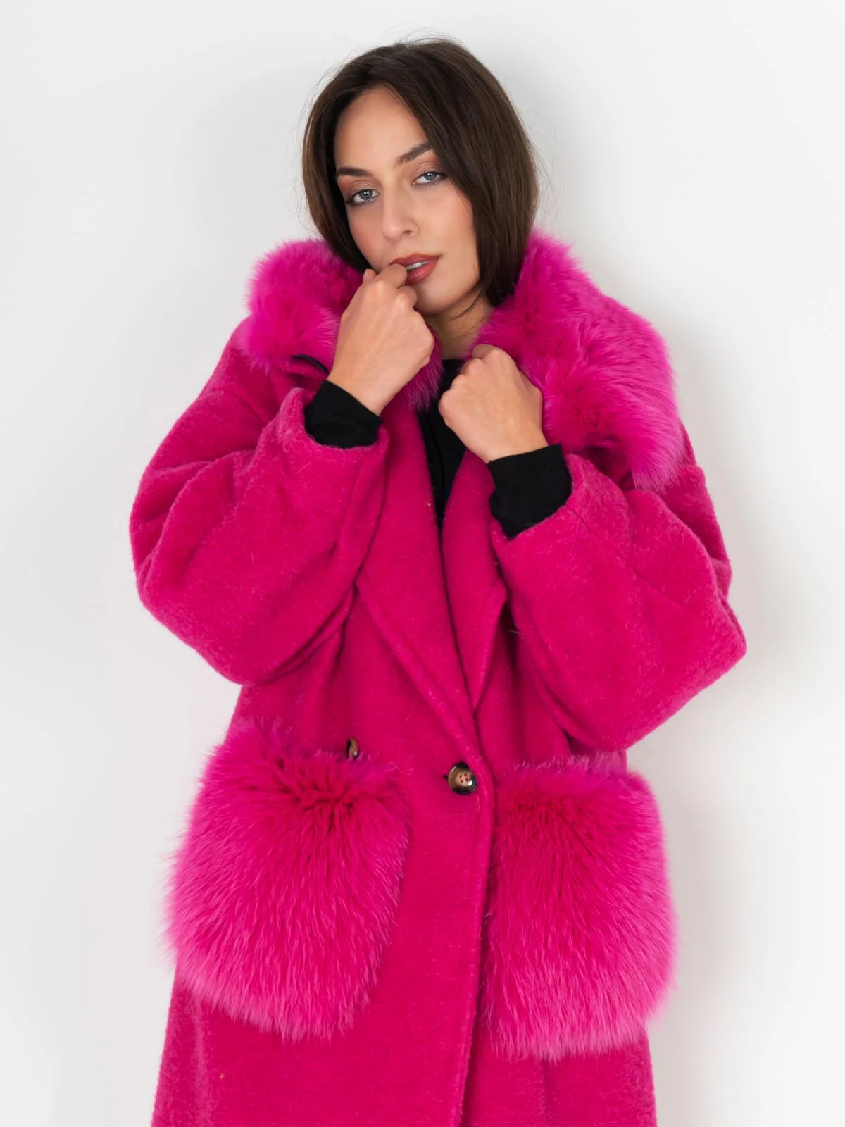 STOCCOLMA - Cappotto con tasche e bordatura collo in volpe (Fucsia) - Image 7