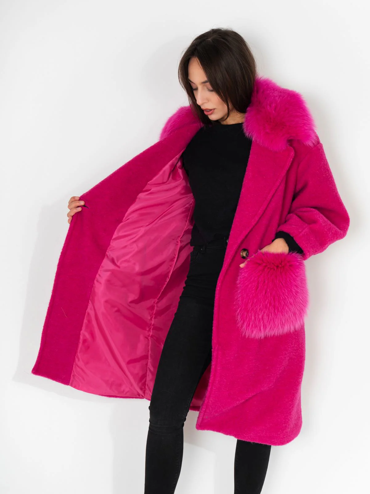 STOCCOLMA - Cappotto con tasche e bordatura collo in volpe (Fucsia) - Image 8