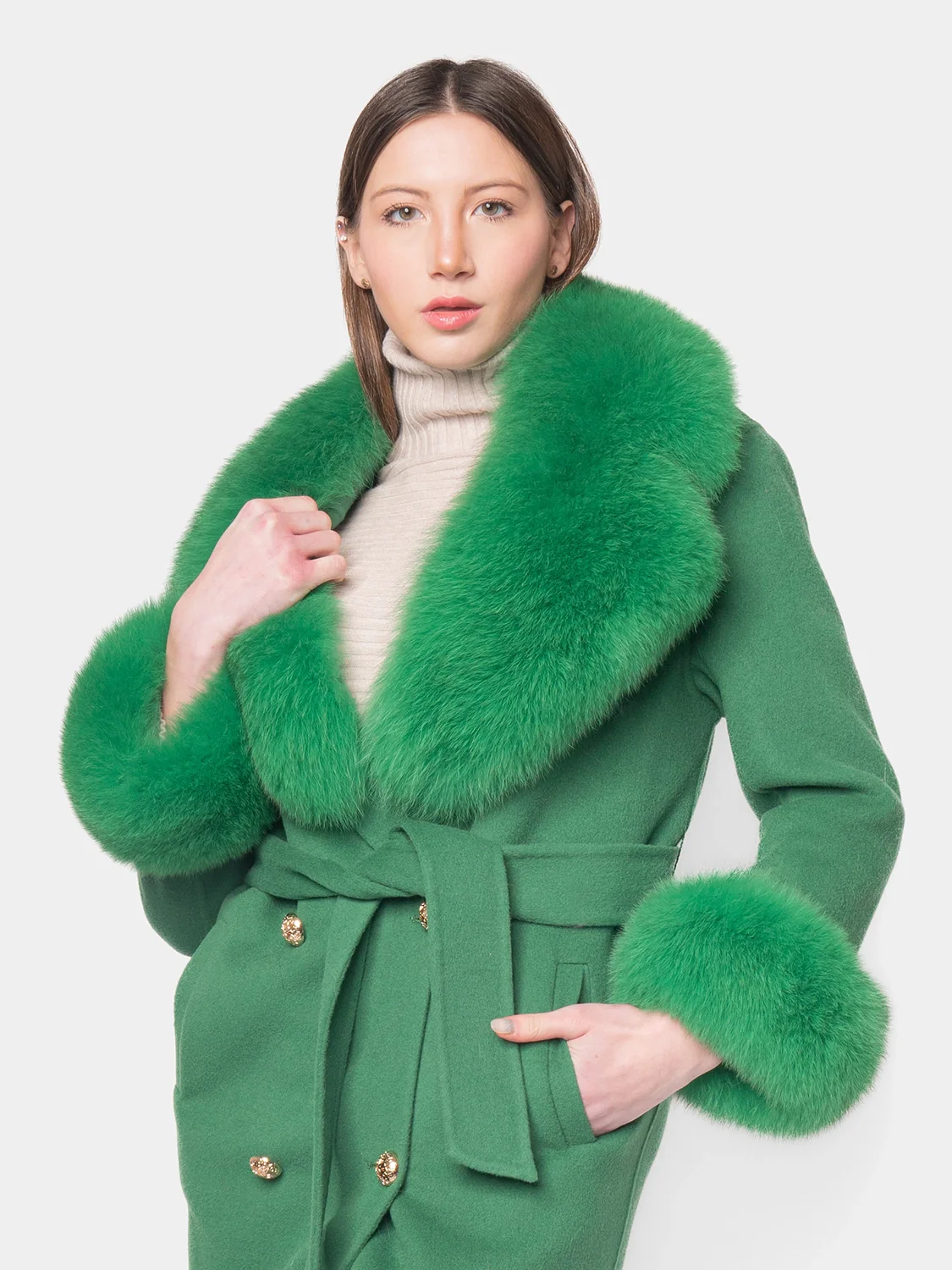 DUBLINO - Cappotto in cashmere con bordatura collo e polsini in volpe (Verde)