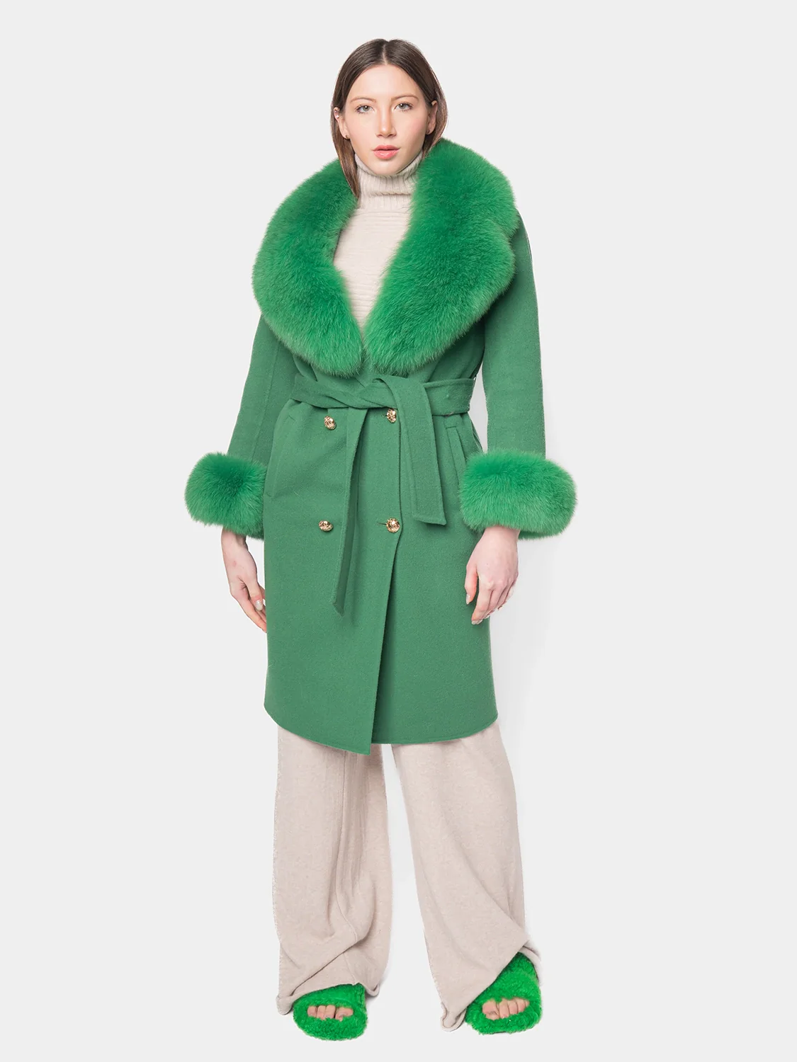 DUBLINO - Cappotto in cashmere con bordatura collo e polsini in volpe (Verde) - Image 2