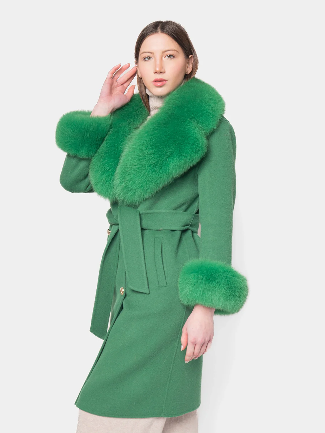 DUBLINO - Cappotto in cashmere con bordatura collo e polsini in volpe (Verde) - Image 4