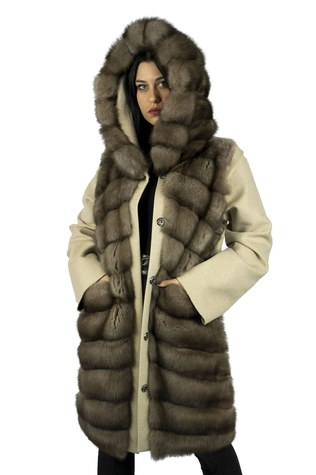 Courmayeur - Cappotto con cappuccio in cashmere Loropiana e zibellino russo Barguzinsky