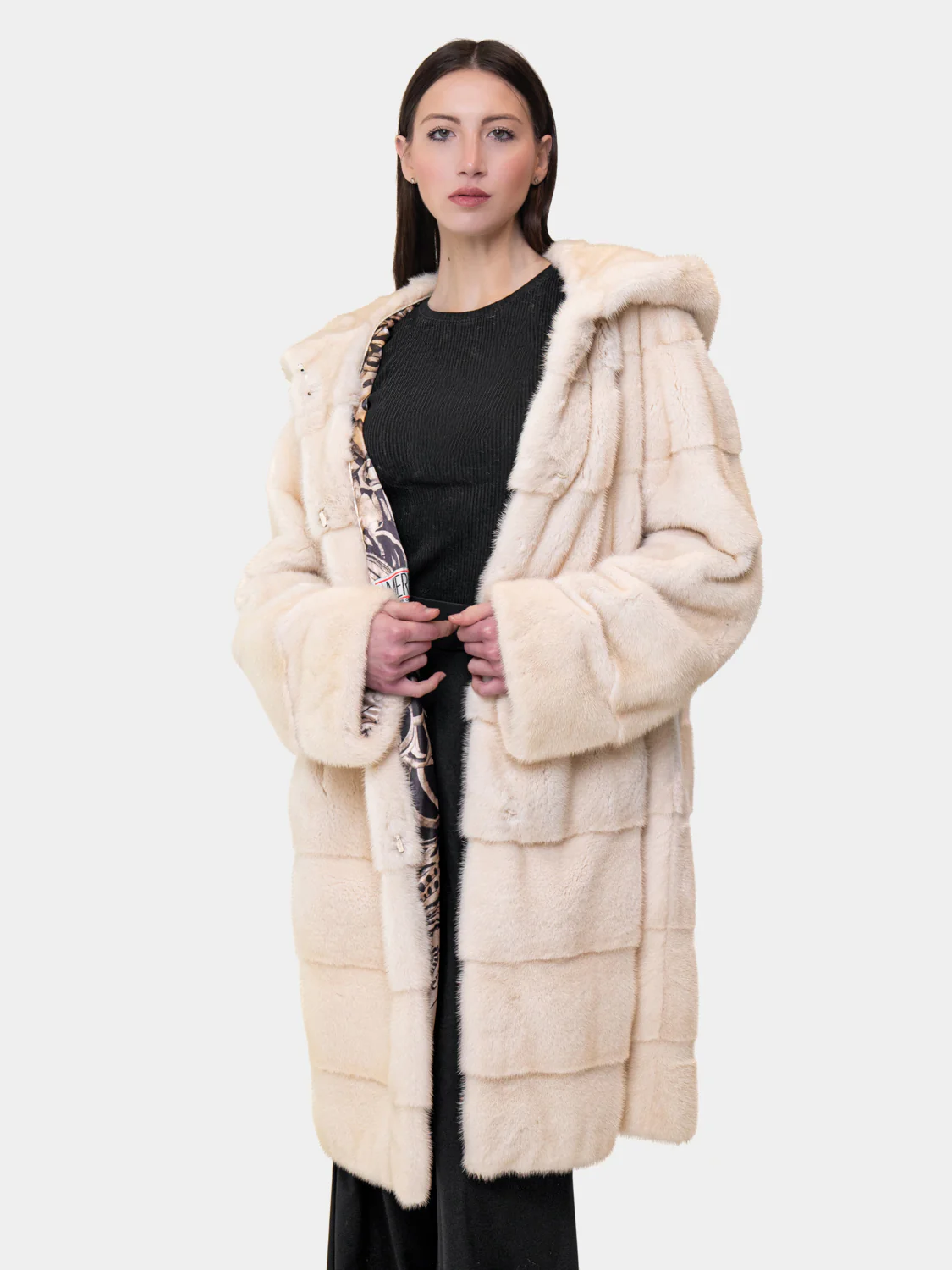 LOS ANGELES - Cappotto in visone con cappuccio (Panna)