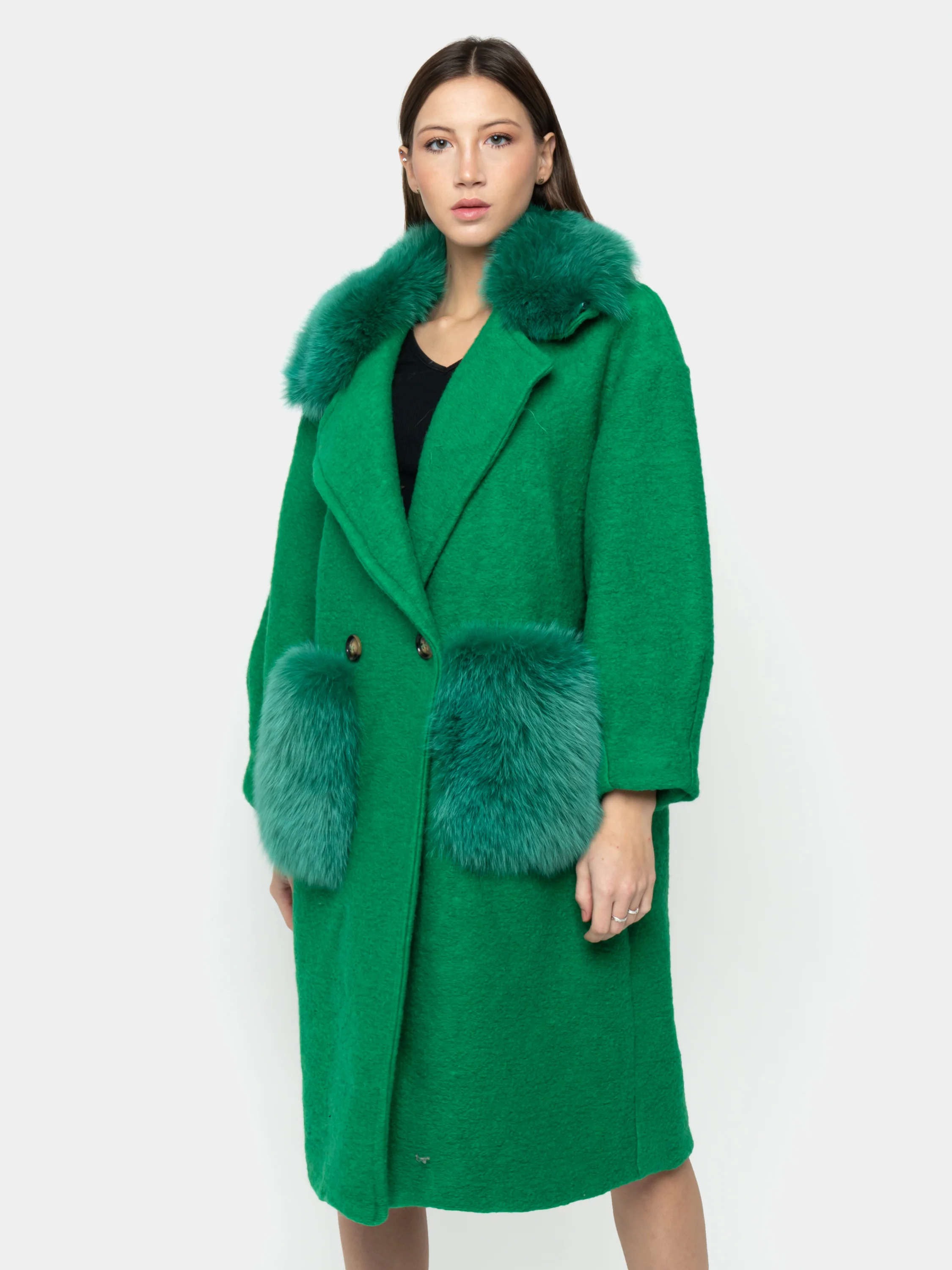 STOCCOLMA - Cappotto con tasche e bordatura collo in volpe (Verde)