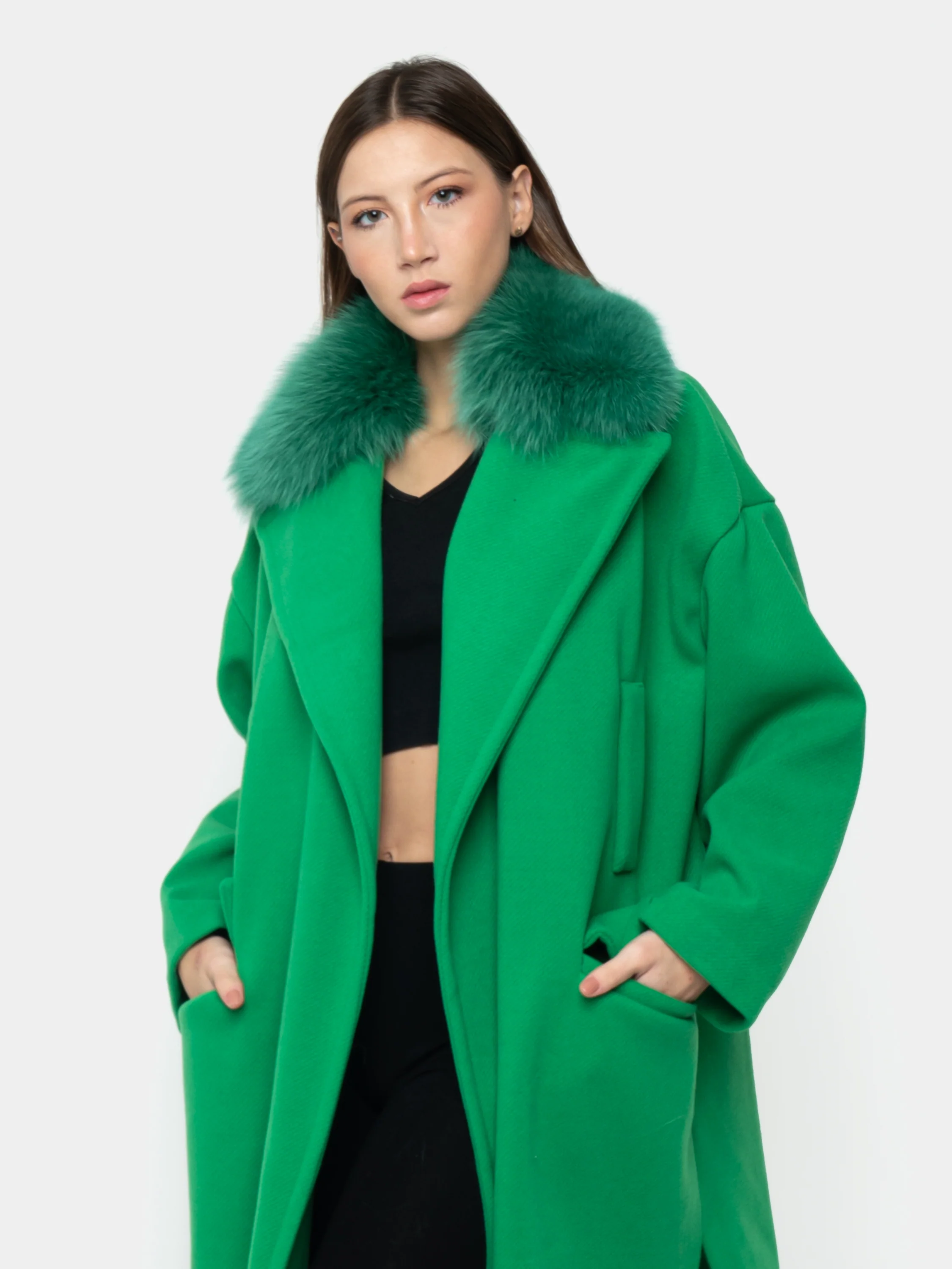 STOCCOLMA - Cappotto con tasche e bordatura collo in volpe (Verde) - Image 3
