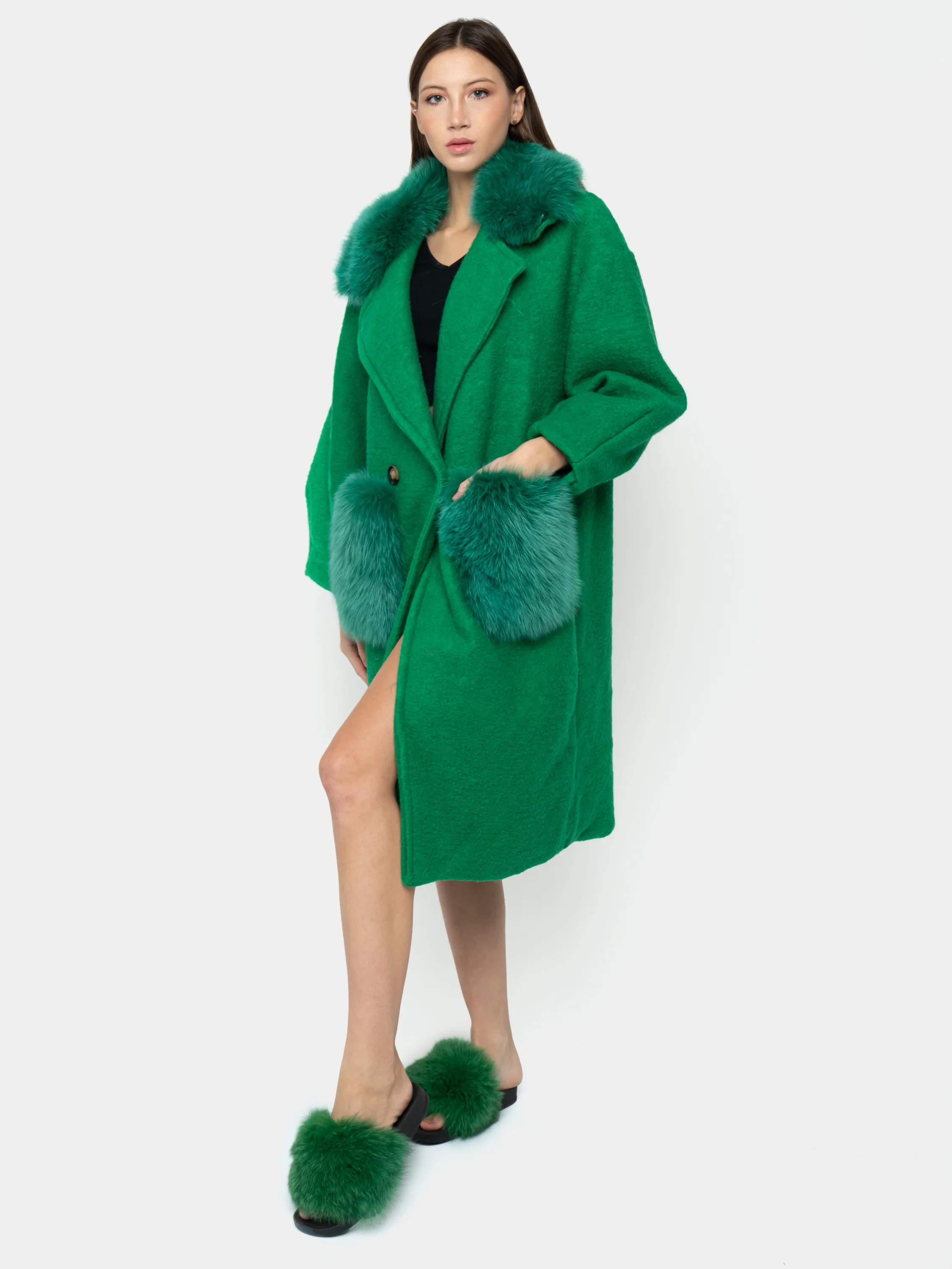 STOCCOLMA - Cappotto con tasche e bordatura collo in volpe (Verde) - Image 4