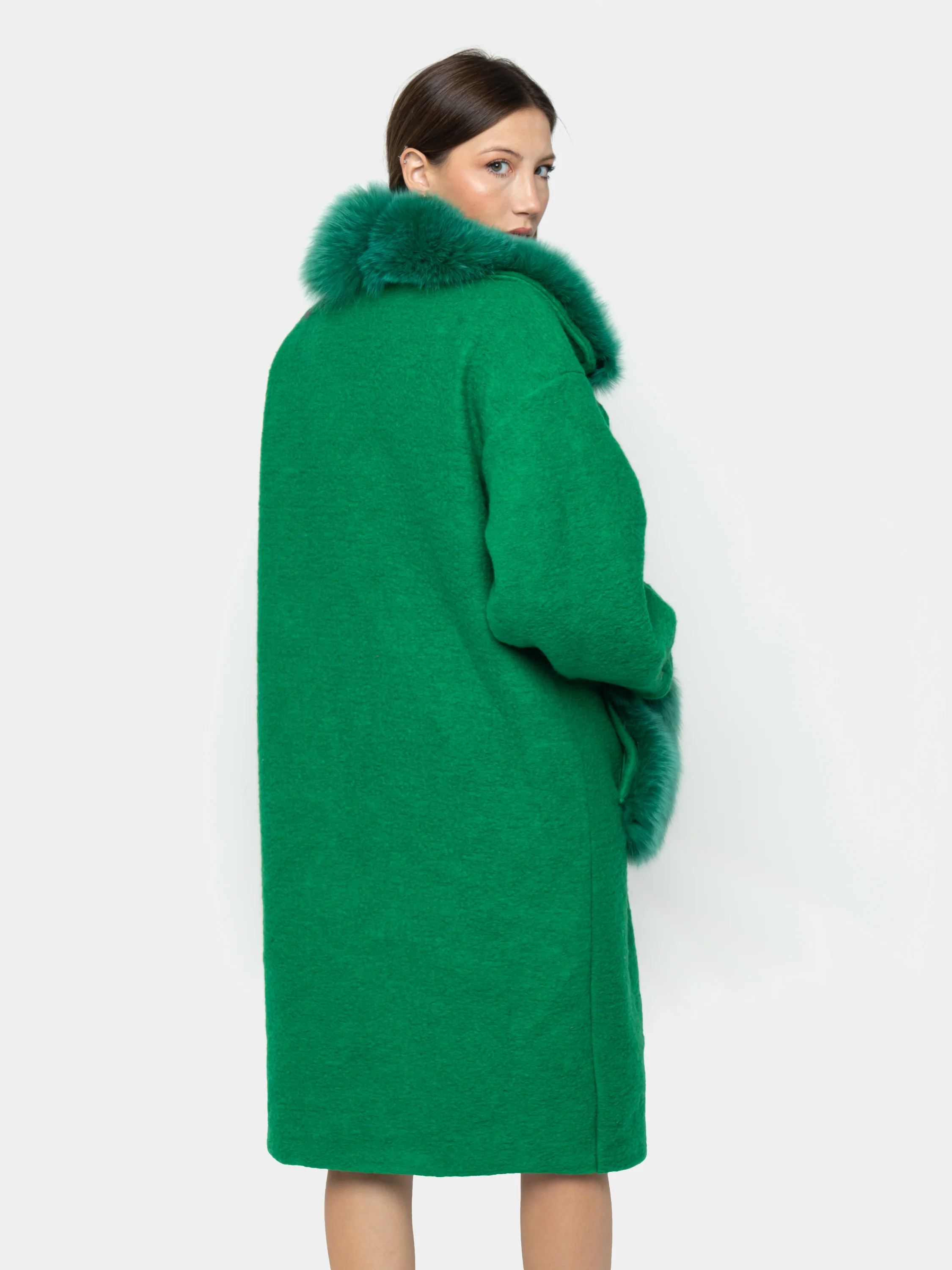 STOCCOLMA - Cappotto con tasche e bordatura collo in volpe (Verde) - Image 5