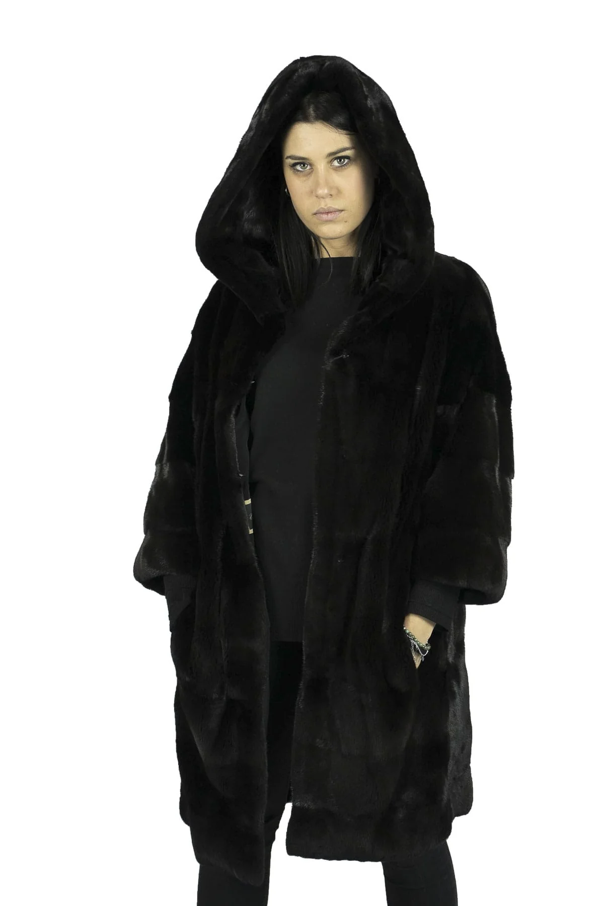 VERMONT - Cappotto in visone con cappuccio (Nero)
