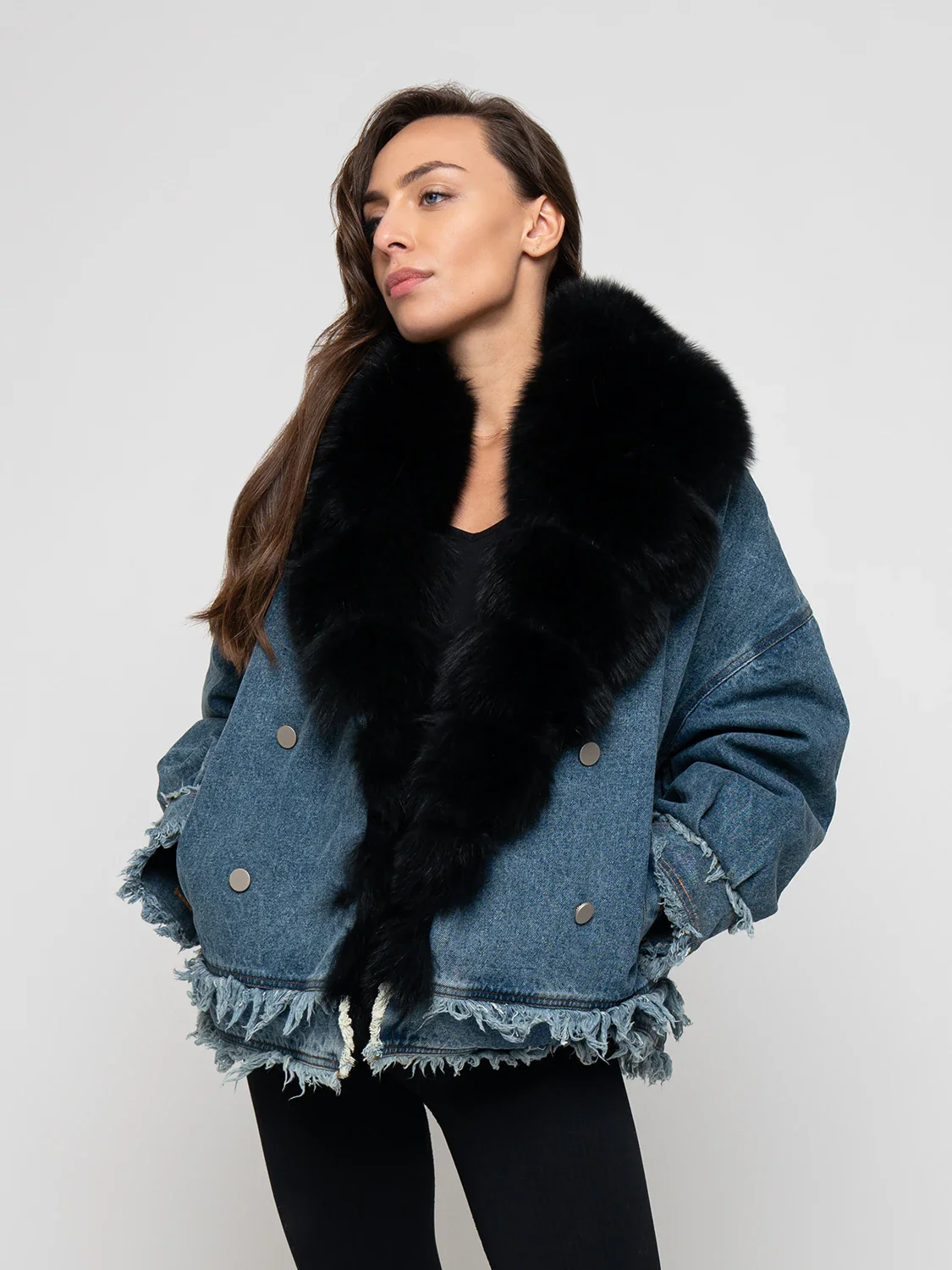 BERLINO - Giacca in denim con bordatura collo in volpe (Nero) - Image 3
