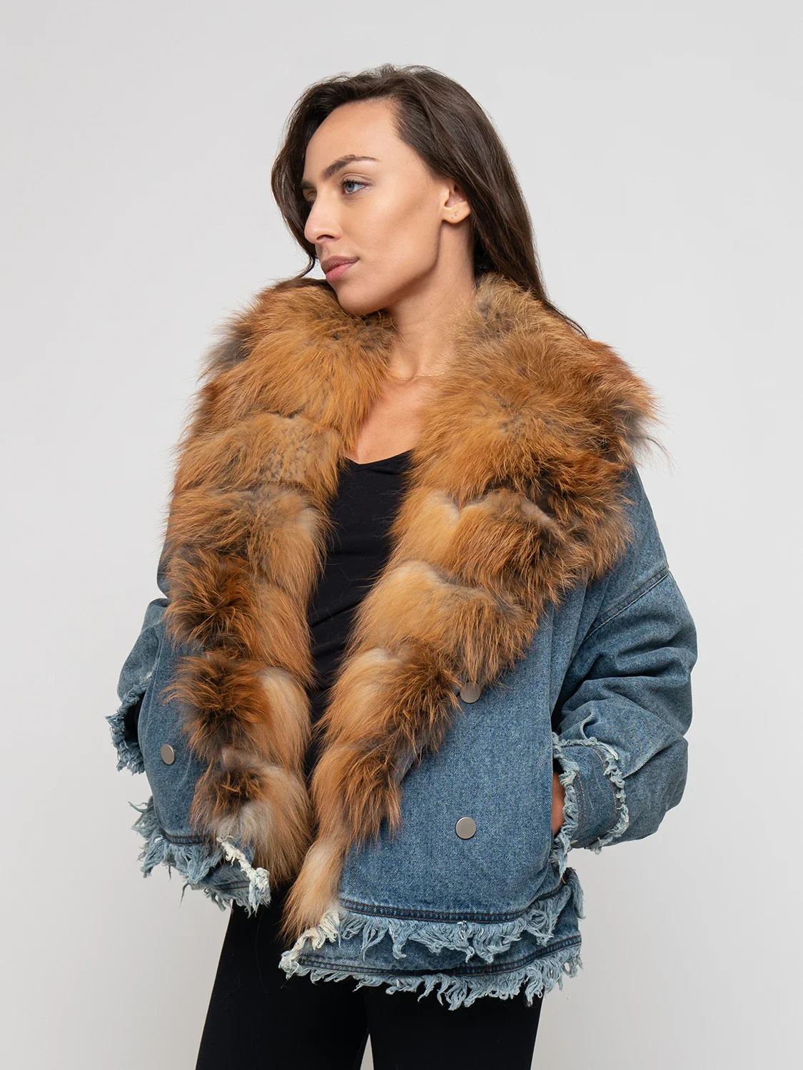 BERLINO - Giacca in denim con bordatura collo in volpe (Rosso) - Image 4