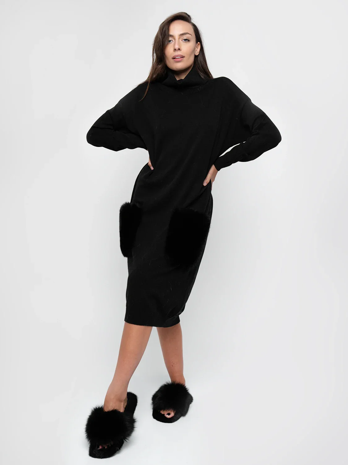 ZAGABRIA - Vestito lungo con tasche in volpe (Nero) - Image 2
