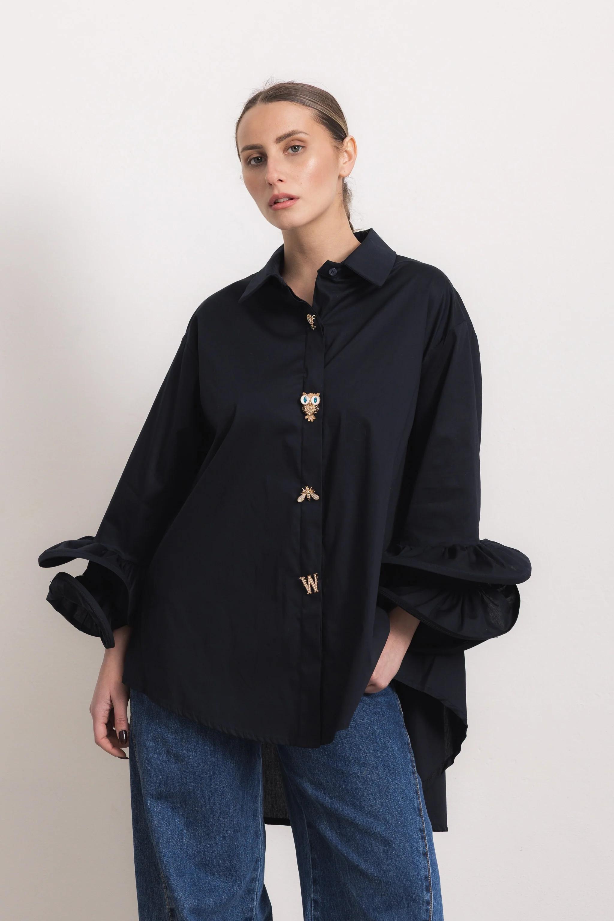 FLAMENCO - Camicia con rouches (Blu Notte Bottoni Gioiello)