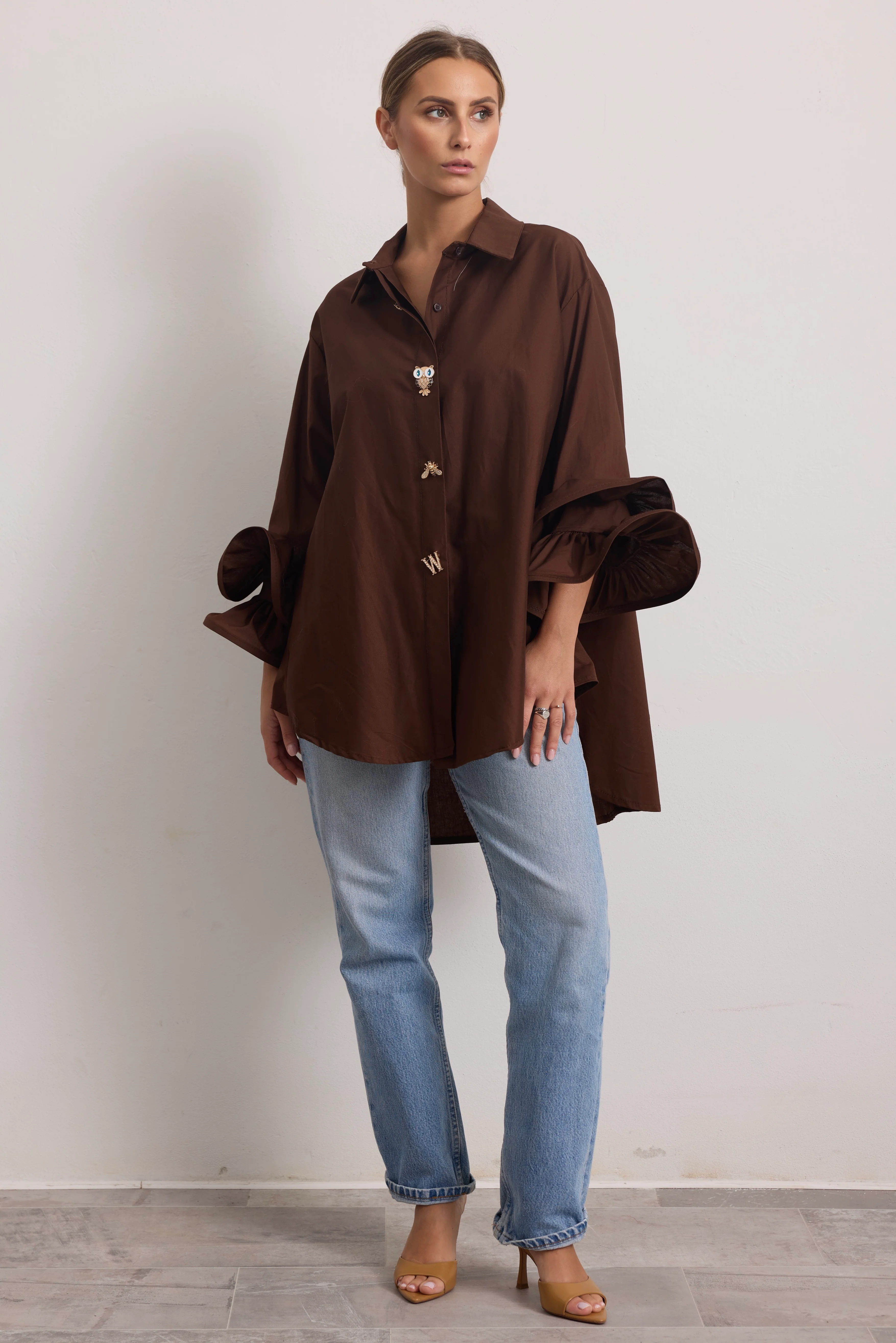 FLAMENCO - Camicia con rouches (Marrone Bottoni Gioiello) - Image 3