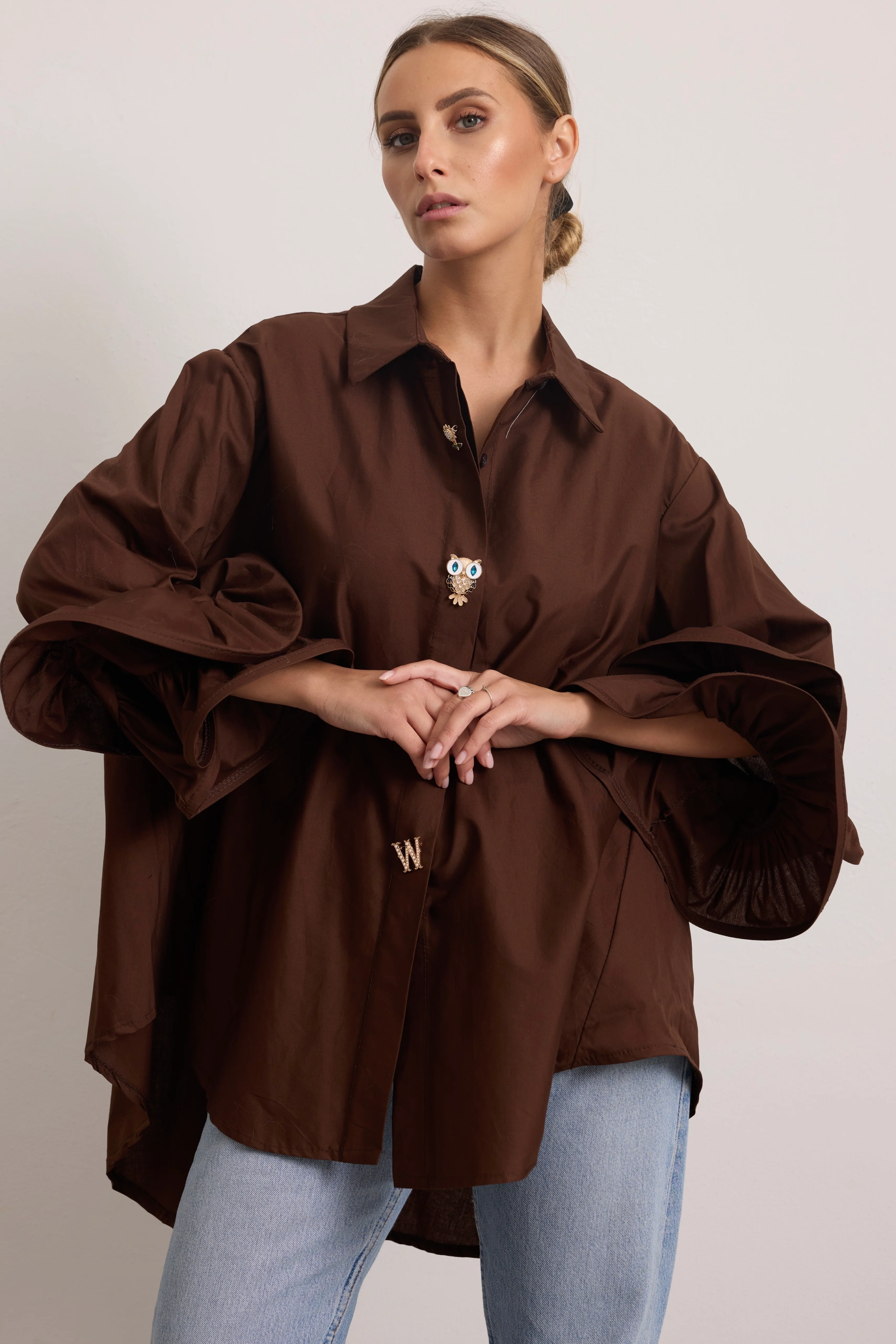 FLAMENCO - Camicia con rouches (Marrone Bottoni Gioiello) - Image 4