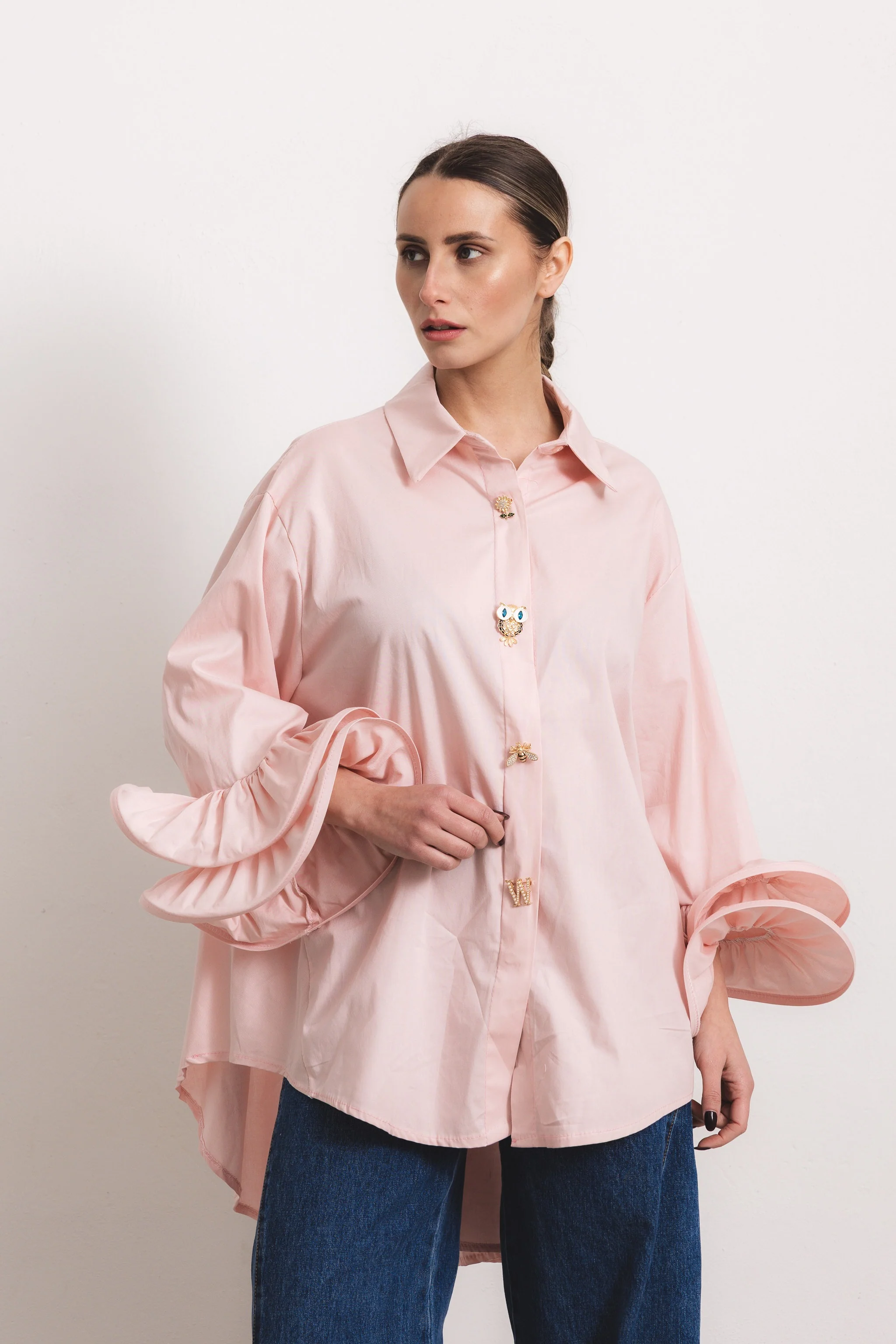 FLAMENCO - Camicia con rouches (Rosa Cipria Bottoni Gioiello)