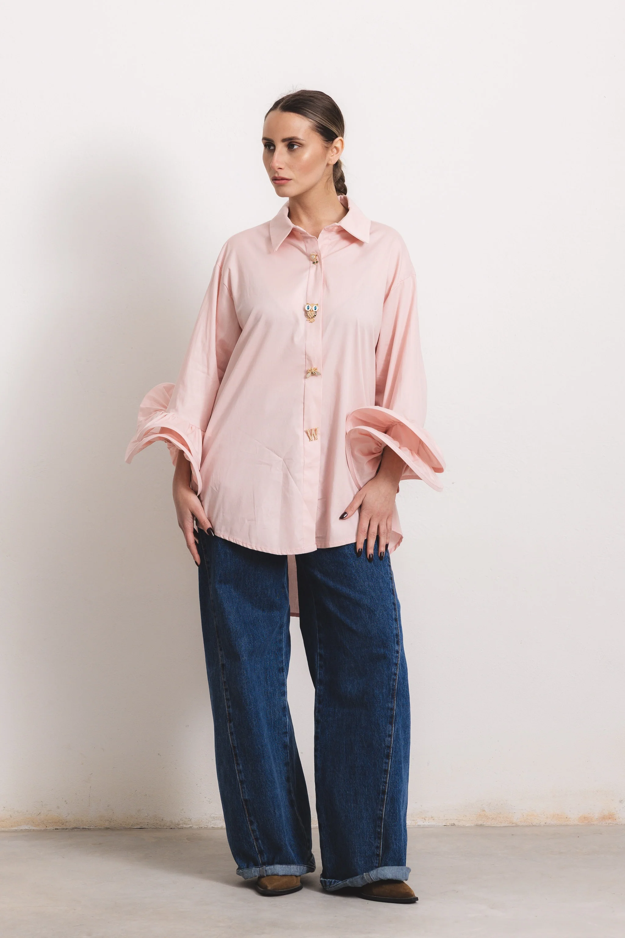 FLAMENCO - Camicia con rouches (Rosa Cipria Bottoni Gioiello) - Image 3