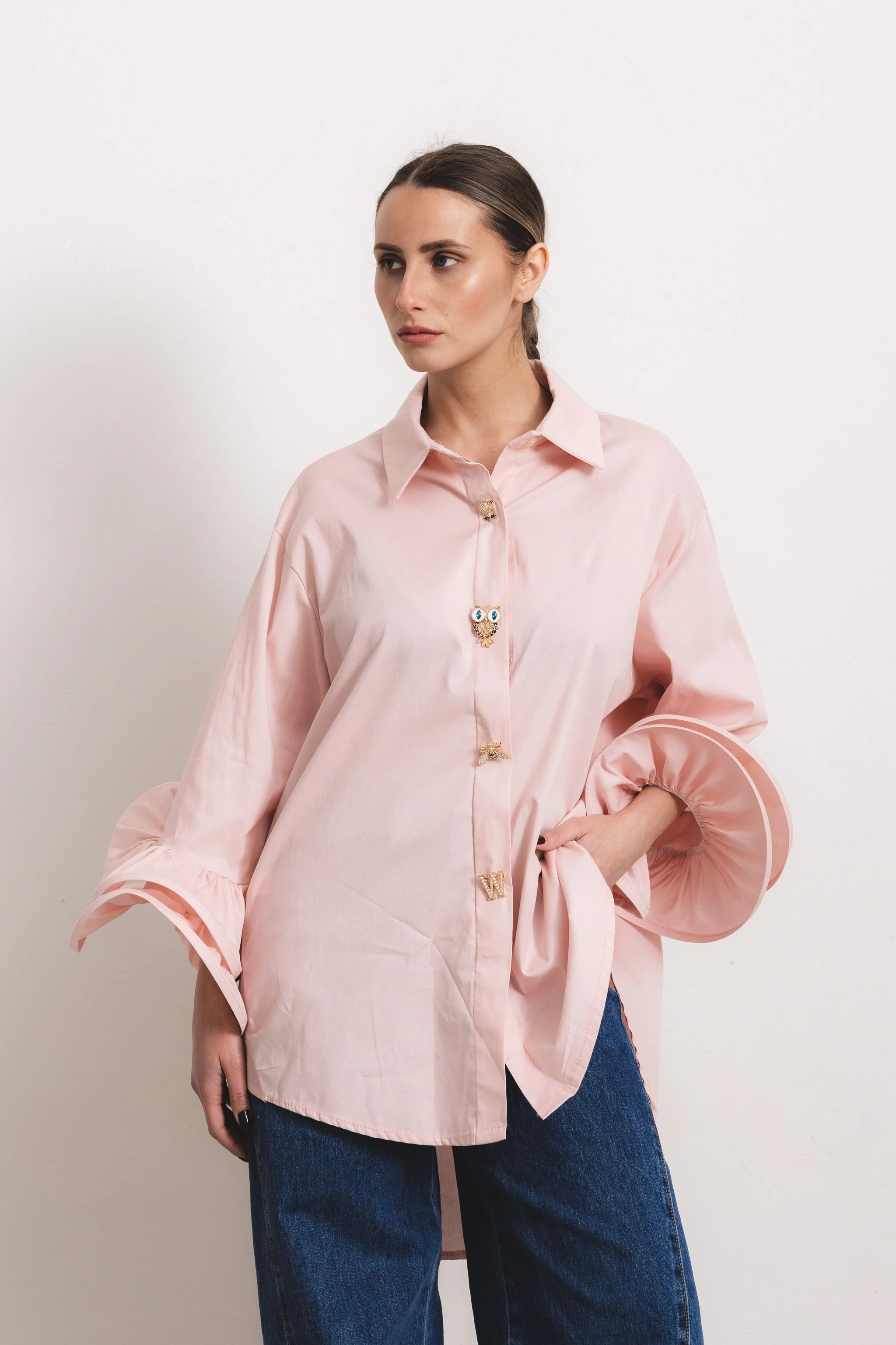 FLAMENCO - Camicia con rouches (Rosa Cipria Bottoni Gioiello) - Image 4