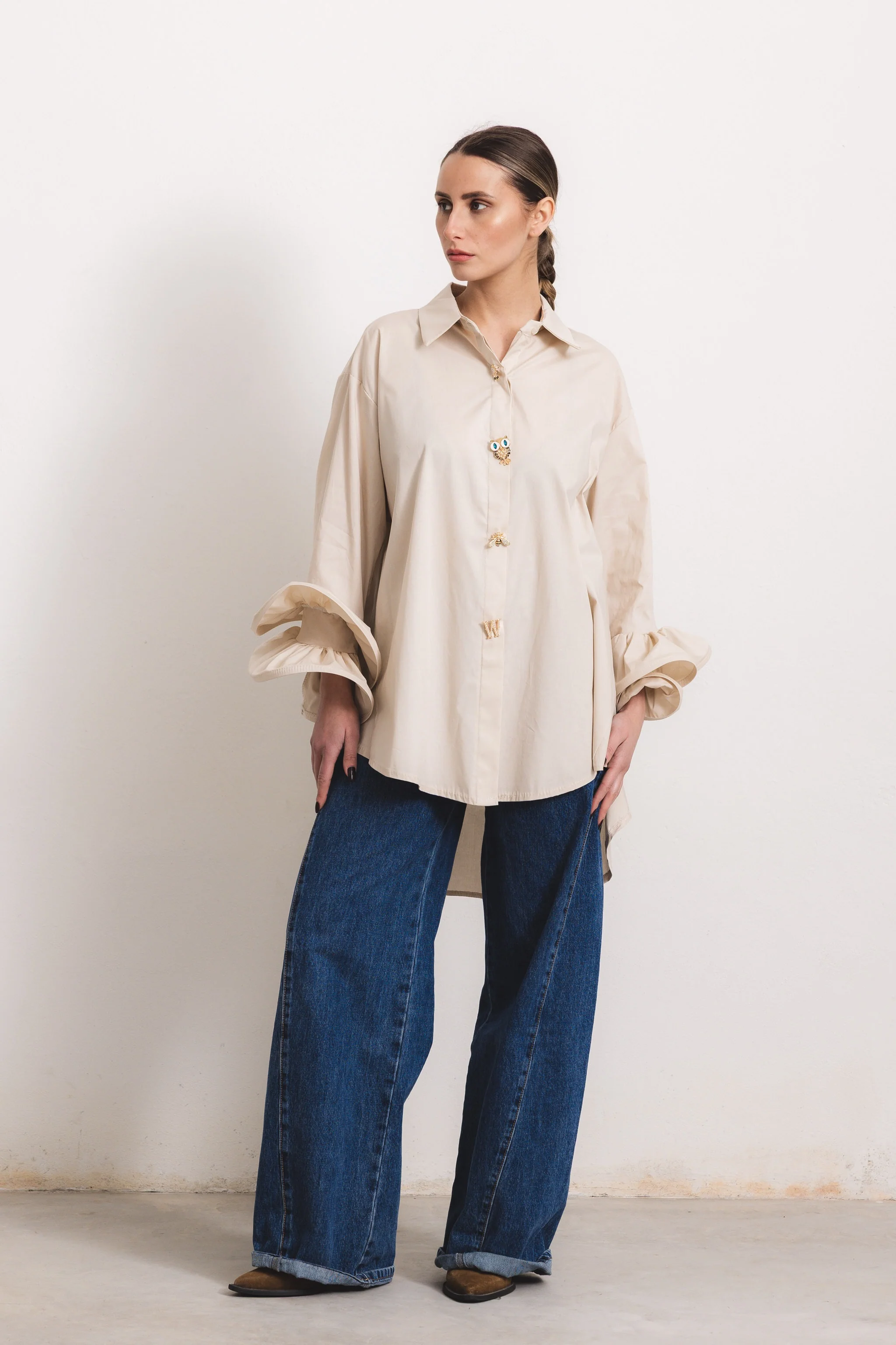 FLAMENCO - Camicia con rouches (Sabbia Bottoni Gioiello) - Image 3