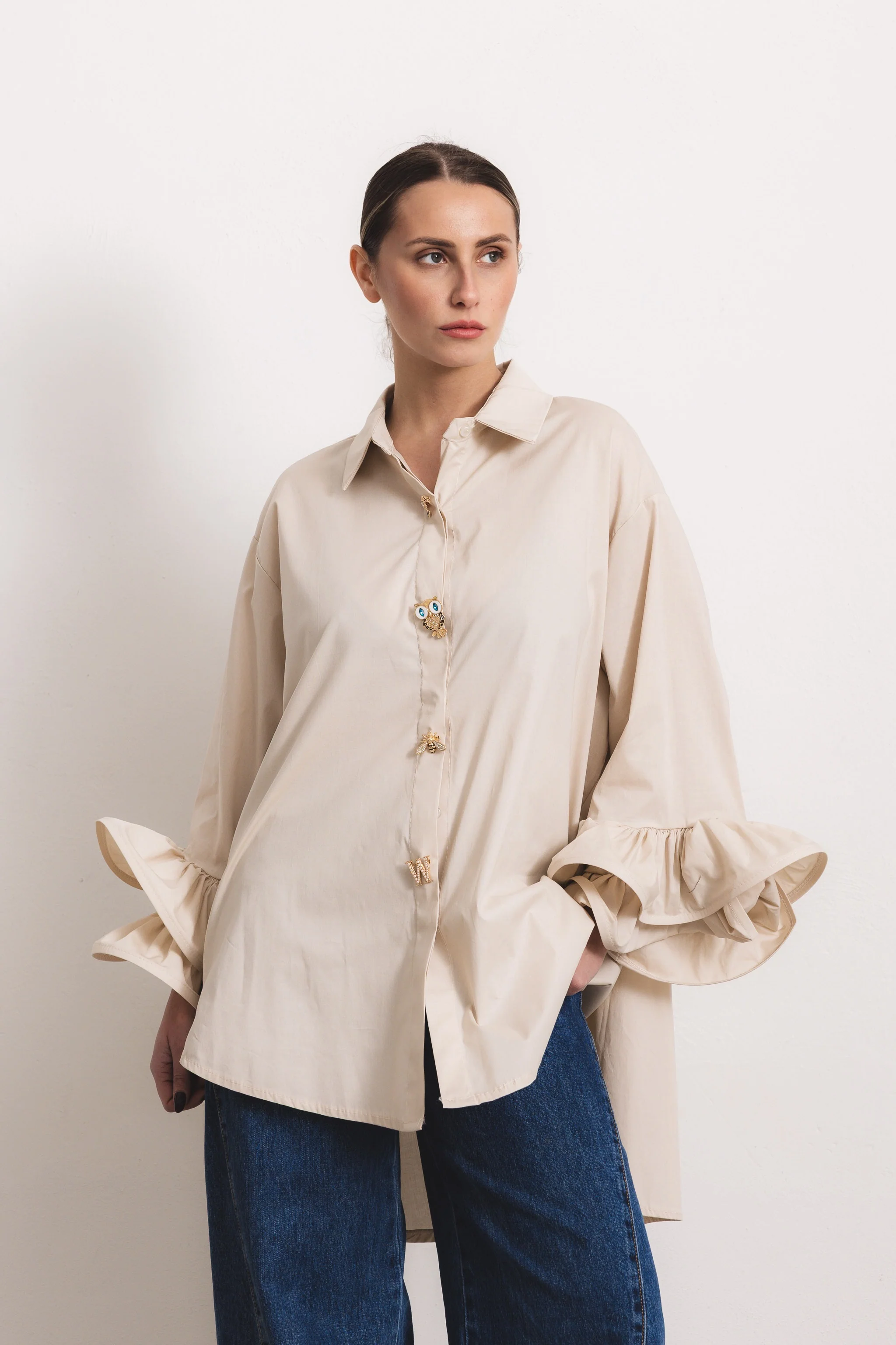FLAMENCO - Camicia con rouches (Sabbia Bottoni Gioiello) - Image 4
