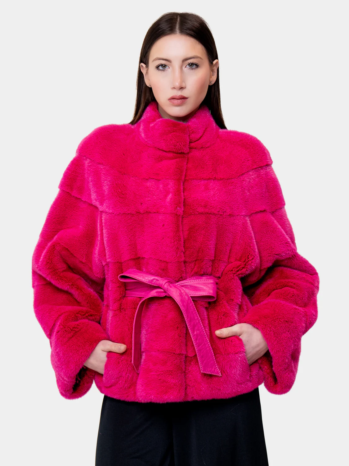 INDIANA - Giacca in visone con cintura (Fucsia) - Image 4