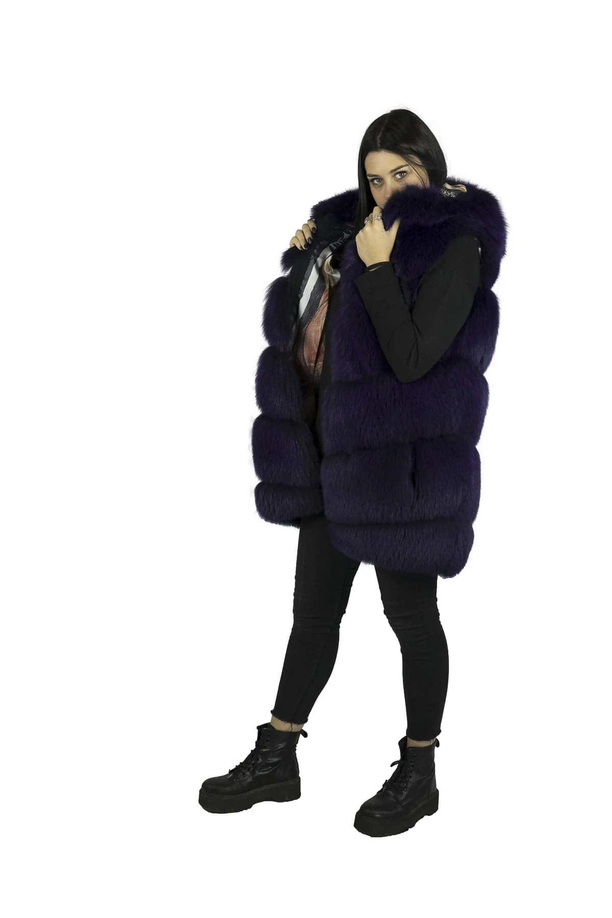 TEXAS - Gilet in volpe con cappuccio (Viola) - Image 2