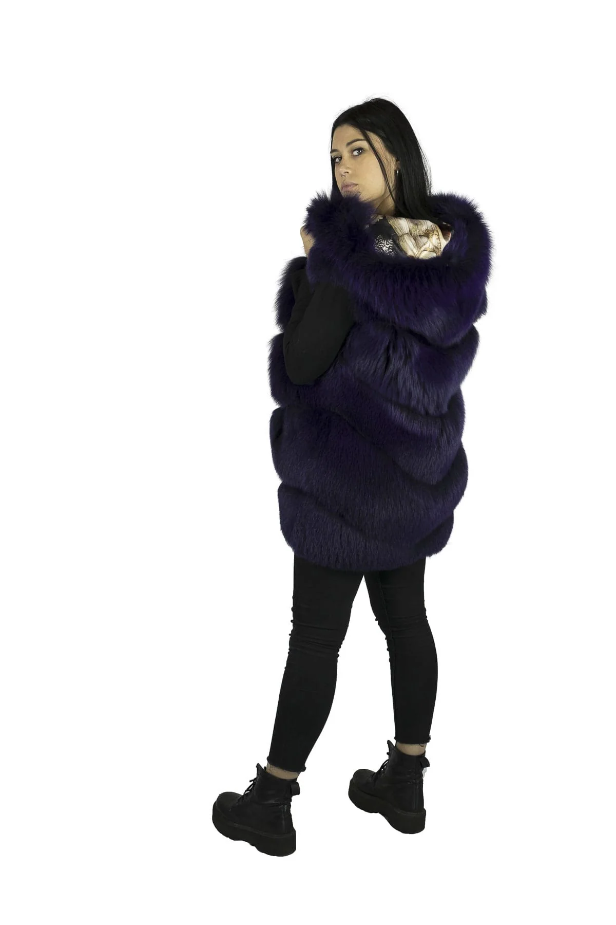 TEXAS - Gilet in volpe con cappuccio (Viola) - Image 3