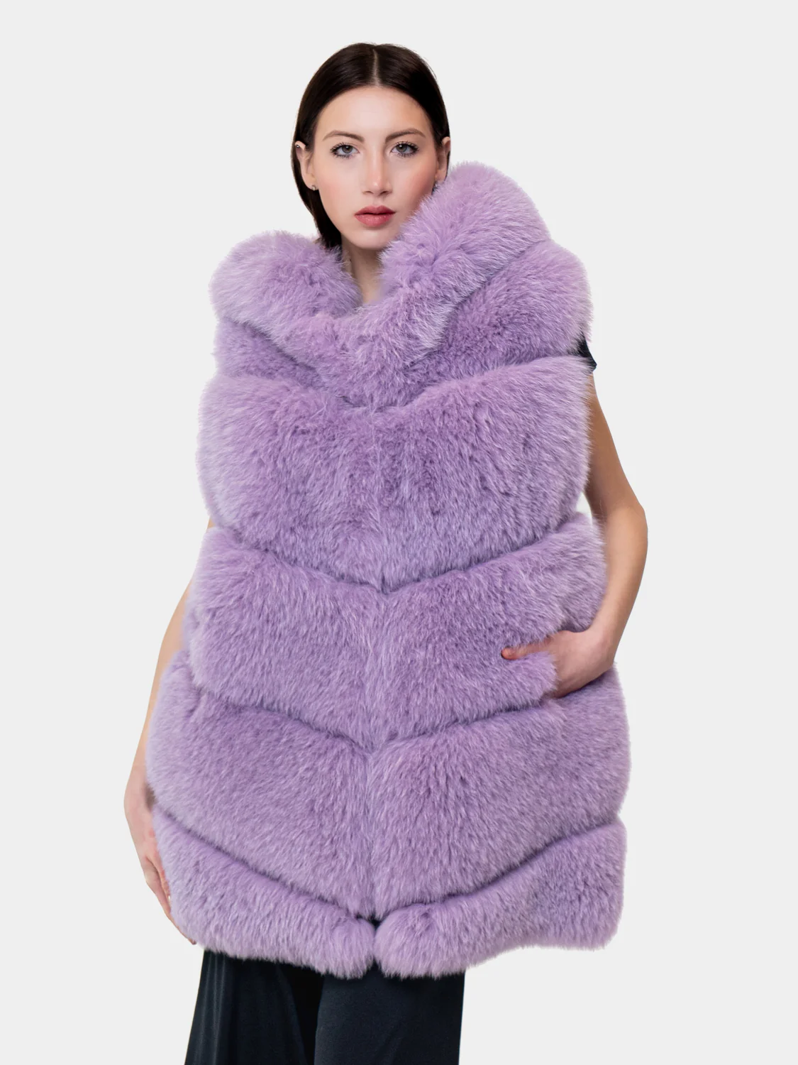 TEXAS - Gilet in volpe con cappuccio (Lilla) - Image 3