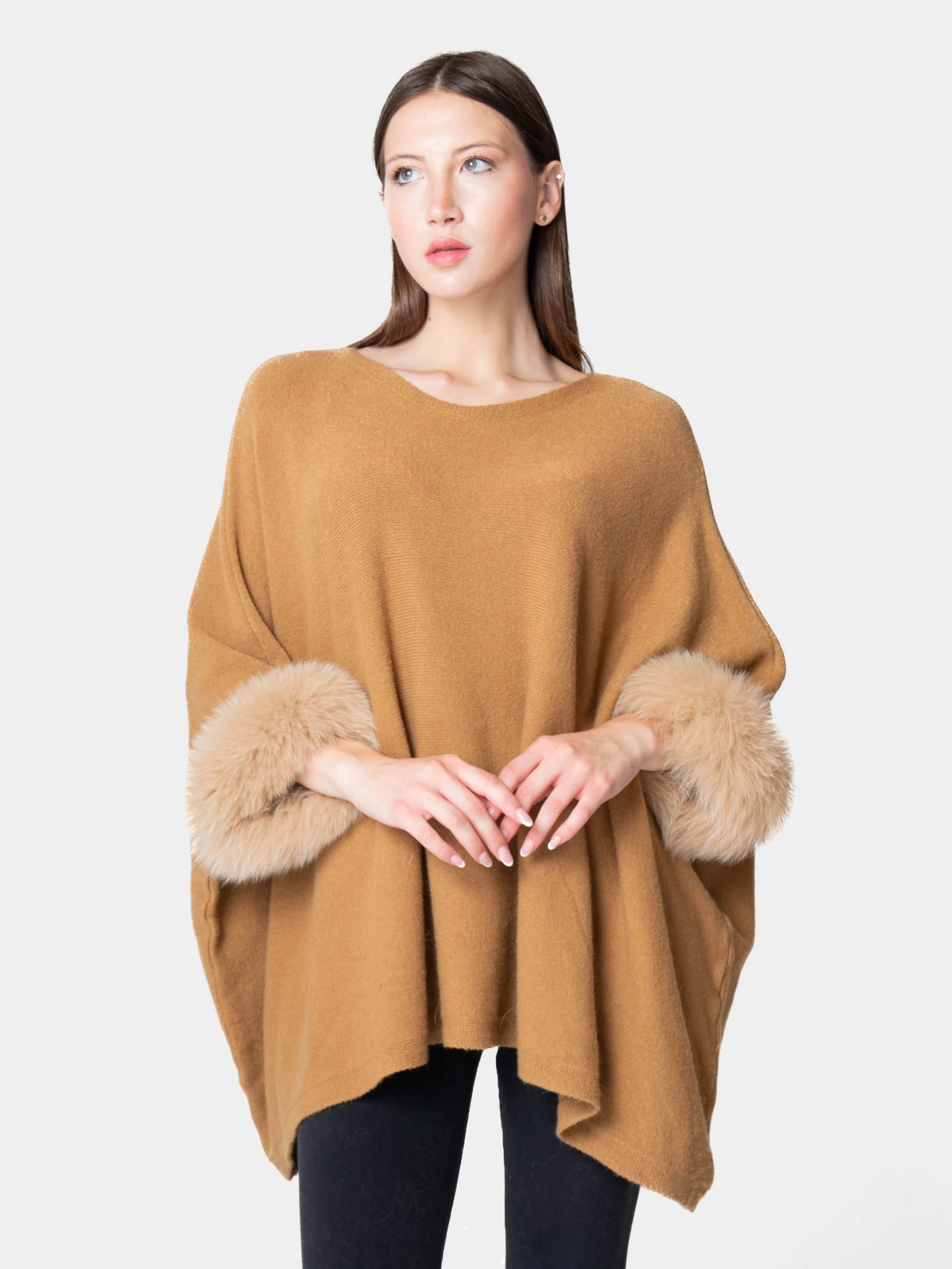 LONDRA - Poncho con polsini in volpe (Cammello) - Image 3