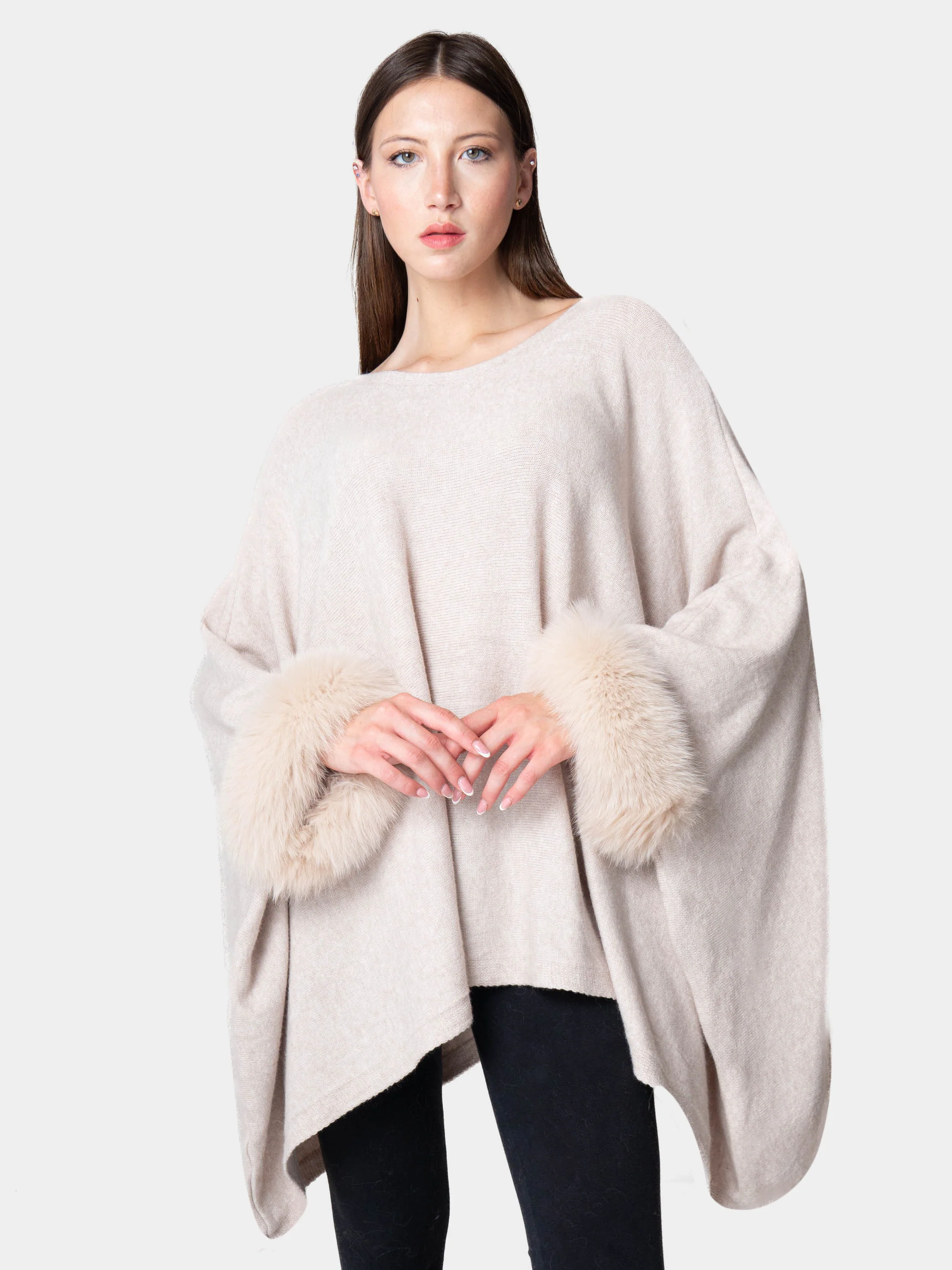 LONDRA - Poncho con polsini in volpe (Sabbia) - Image 3