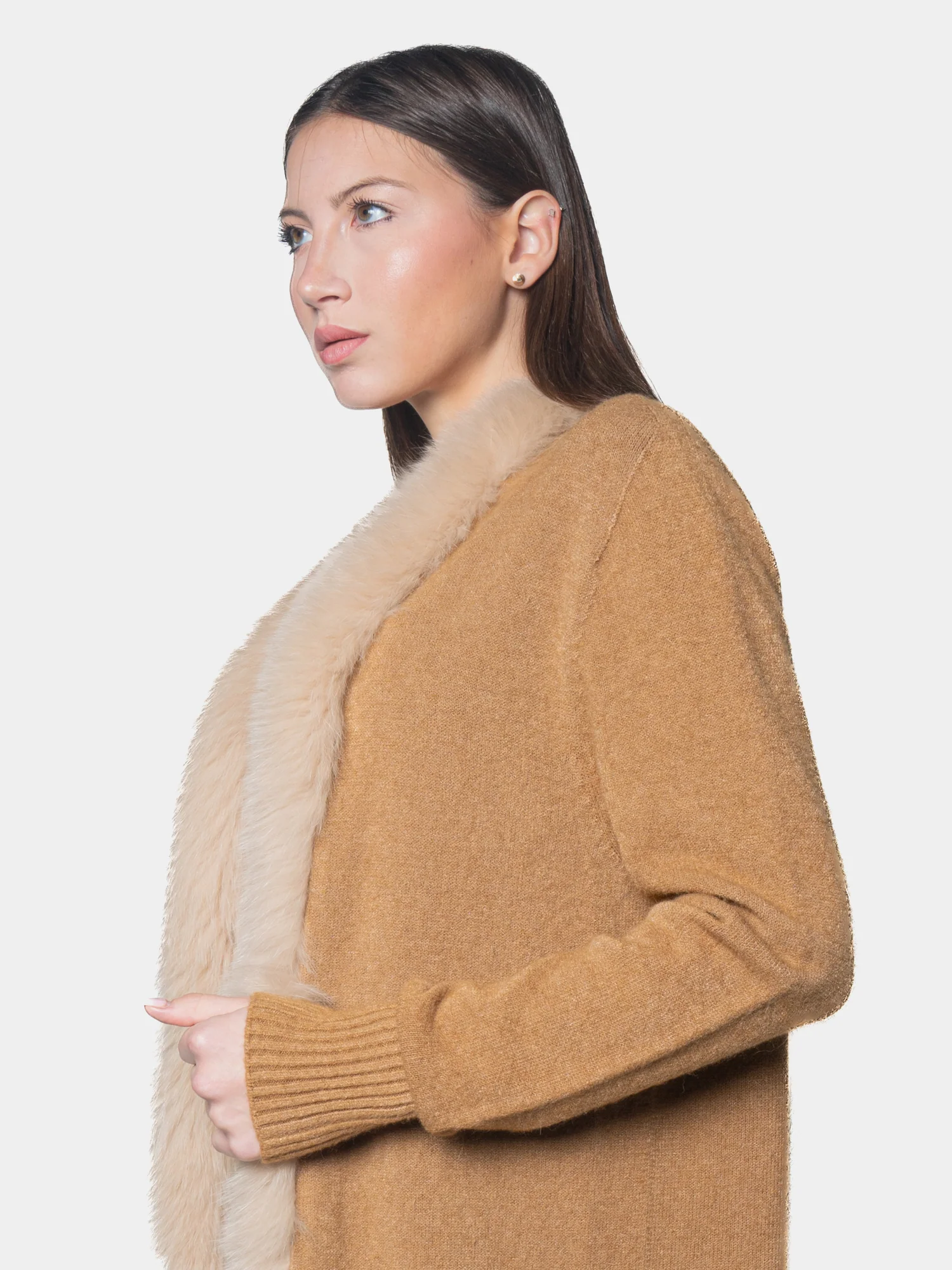 MONTECARLO - Cardigan con bordatura frontale in volpe (Cammello) - Image 3