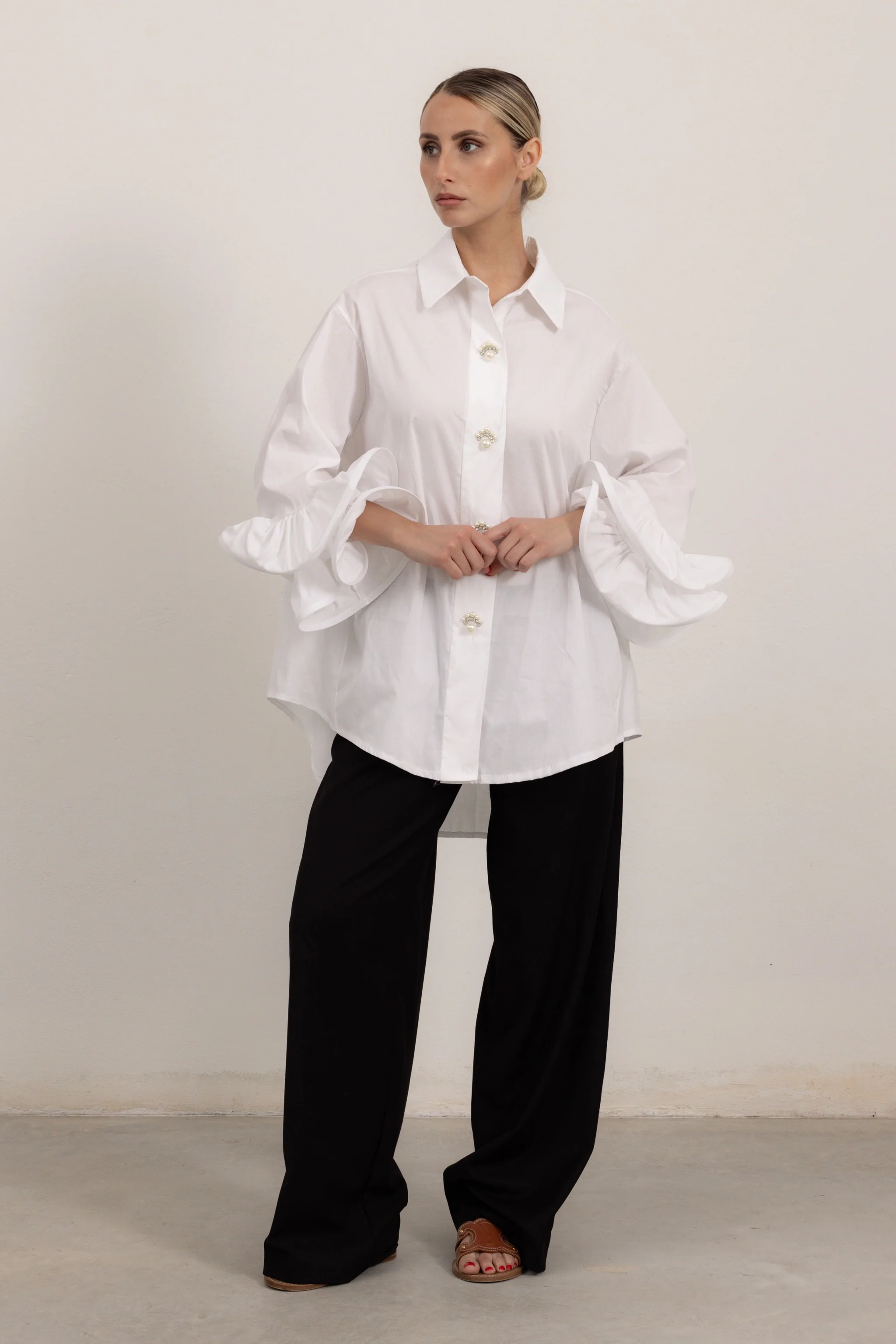 PERLA - Camicia bottoni perle rouches (Bianco) - Image 3
