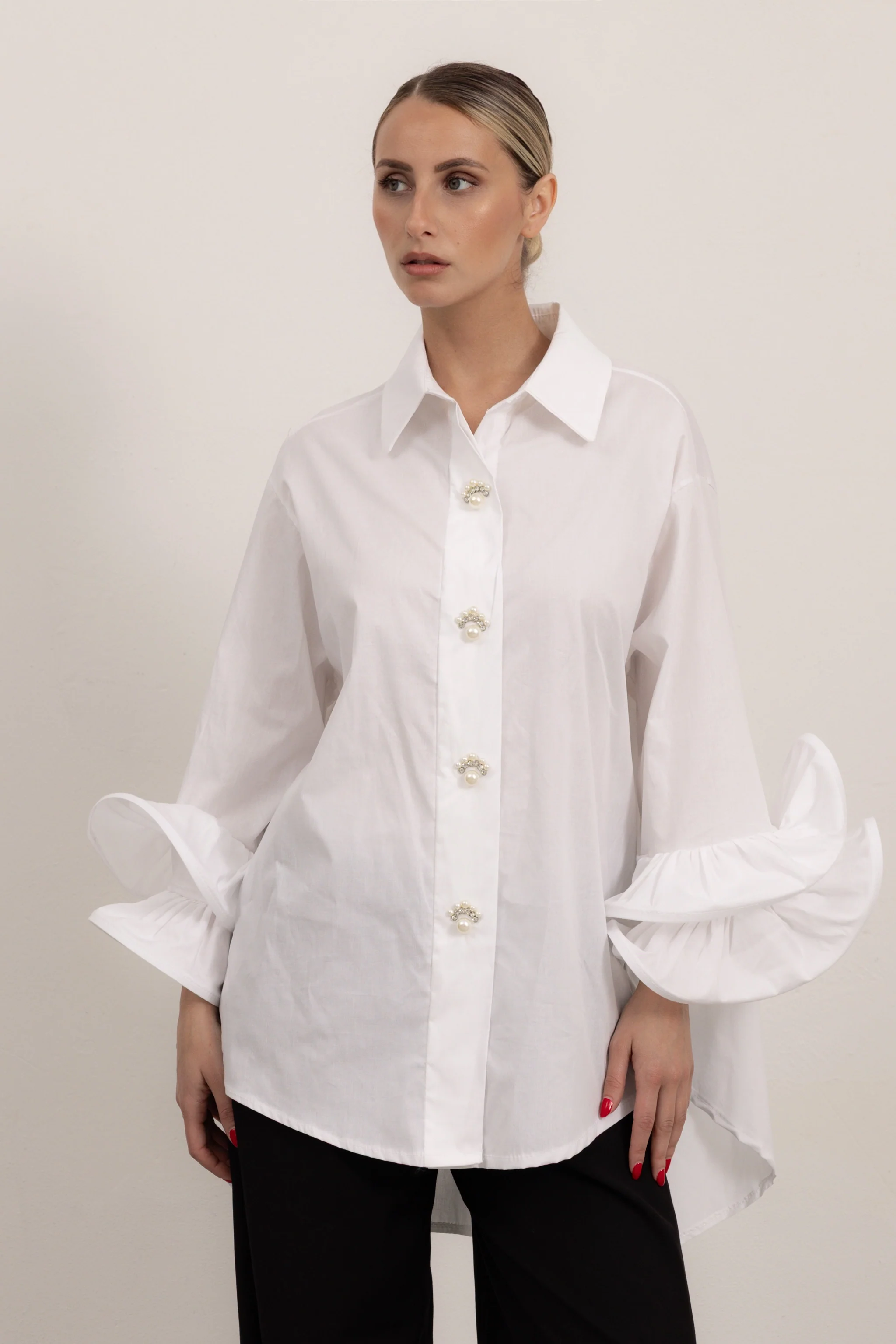 PERLA - Camicia bottoni perle rouches (Bianco) - Image 4