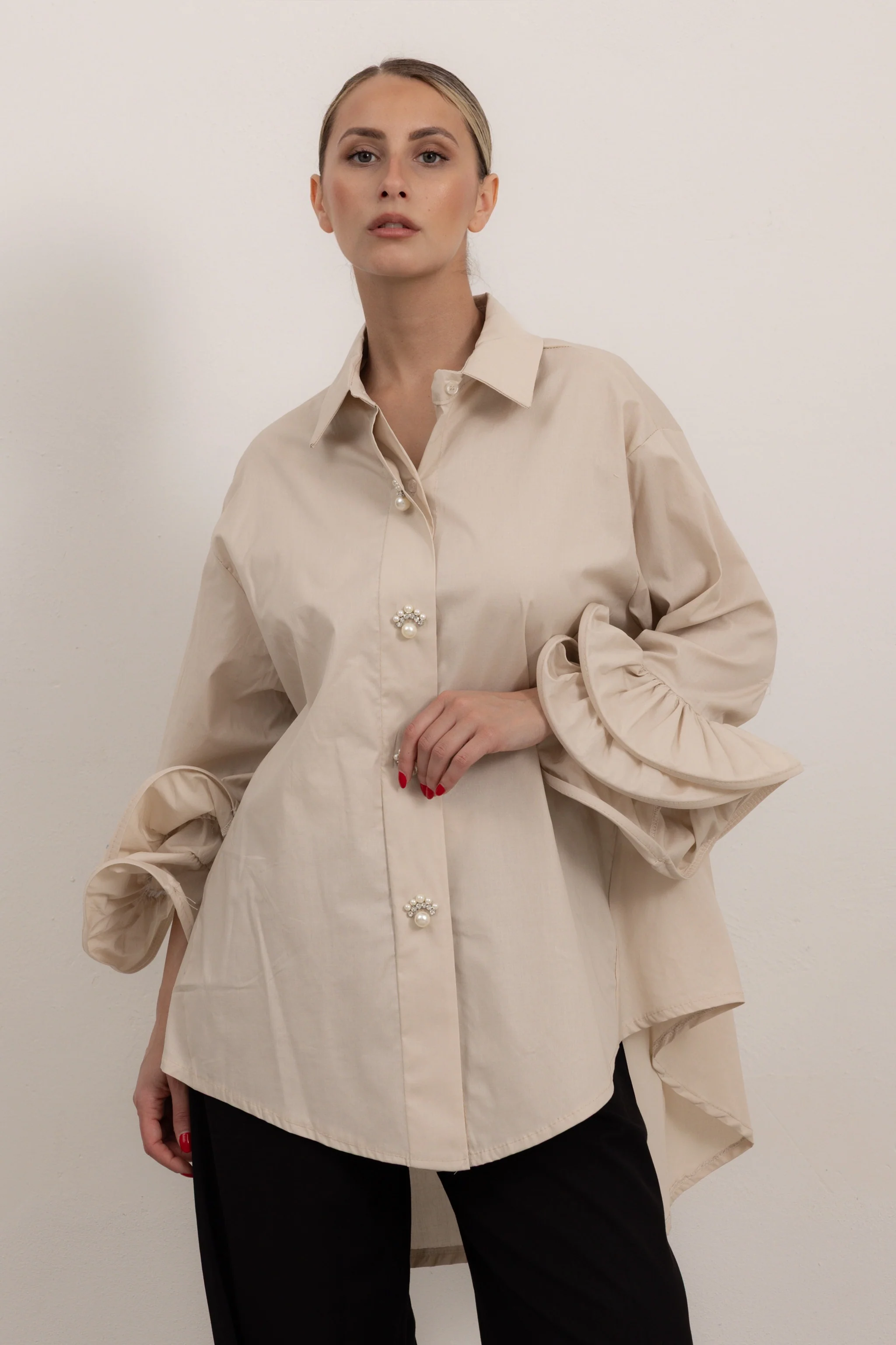 PERLA - Camicia bottoni perle rouches (Sabbia) - Image 4
