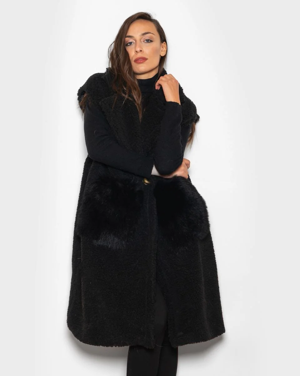 BERNA - Teddy smanicato con tasche in volpe (Nero)