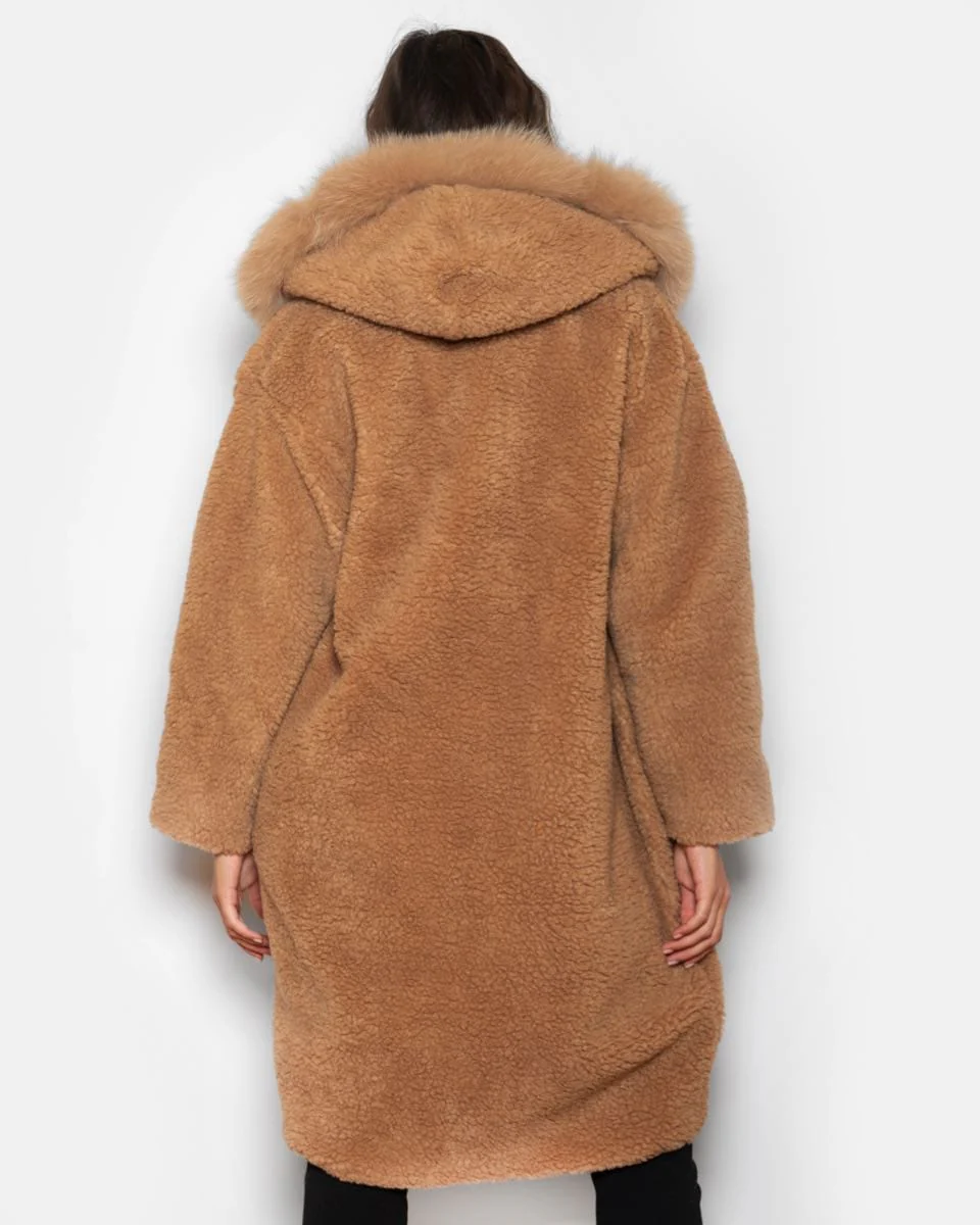 HELSINKI - Teddy con tasche e bordatura cappuccio in volpe (Beige) - Image 10