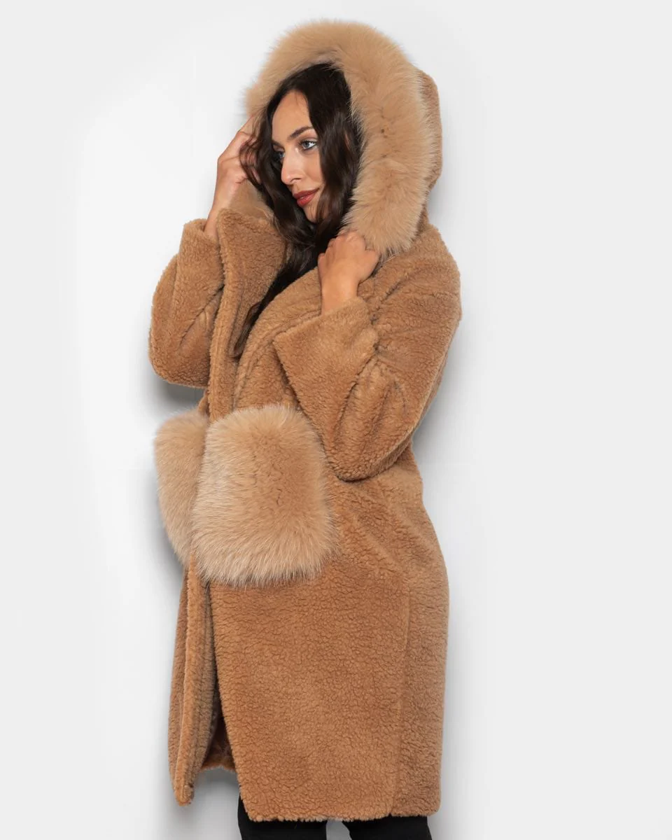 HELSINKI - Teddy con tasche e bordatura cappuccio in volpe (Beige) - Image 8