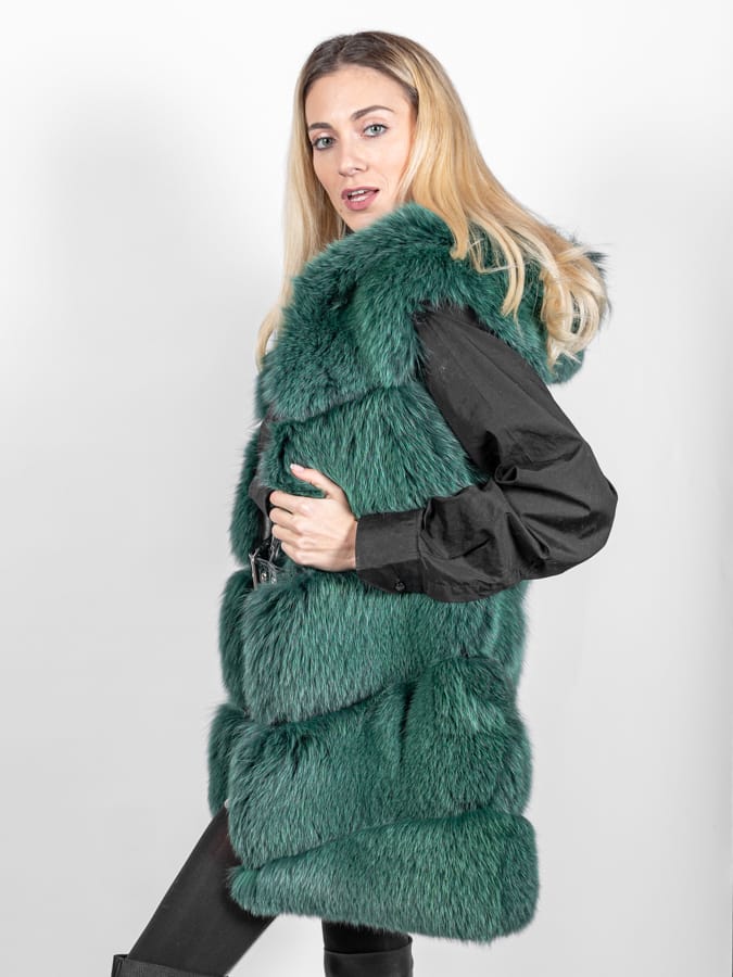 TEXAS - Gilet in volpe con cappuccio (Verde) - Image 3