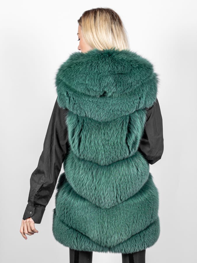 TEXAS - Gilet in volpe con cappuccio (Verde) - Image 4